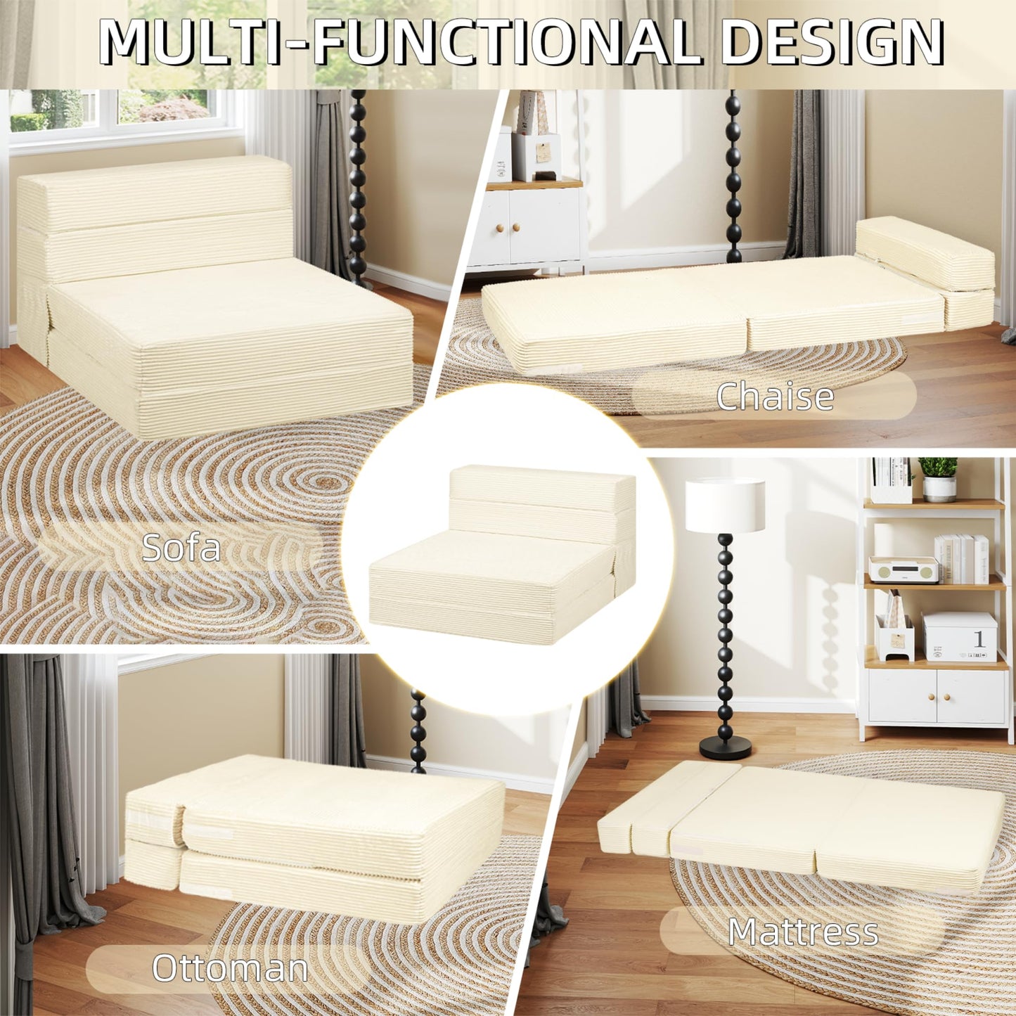 IBXFO Folding Sofa Bed, Convertible Sleeper with High Density Foam, Foldable Chair Bed Mattress, Futon Floor Couch for Living Room, Guest Room, Twin, White