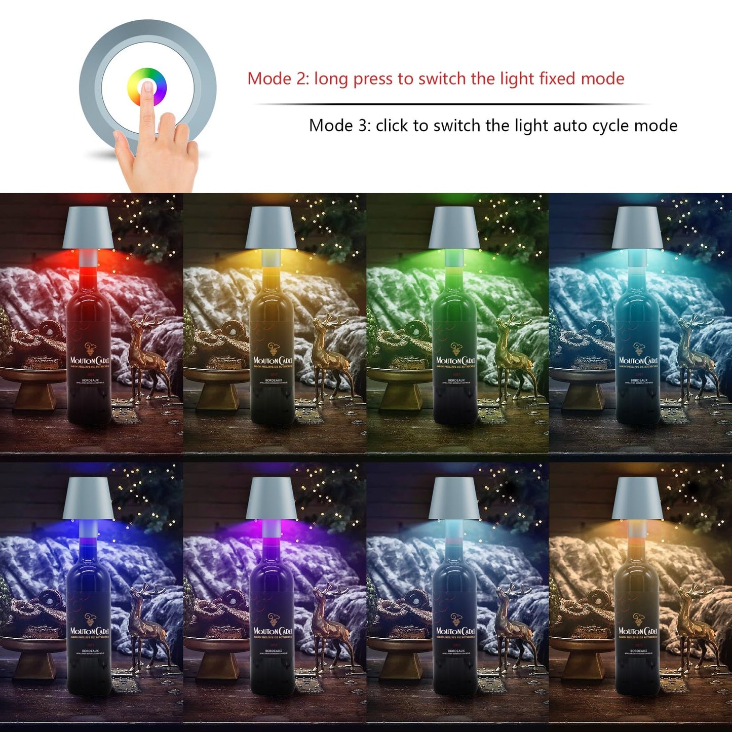 Howskys 2 Pack LED Dimmable Bottle Lamp 3000k+RGB, IP54 Wireless Lamp for Indoor & Outdoor, 5500 mAh Rechargeable, Blue