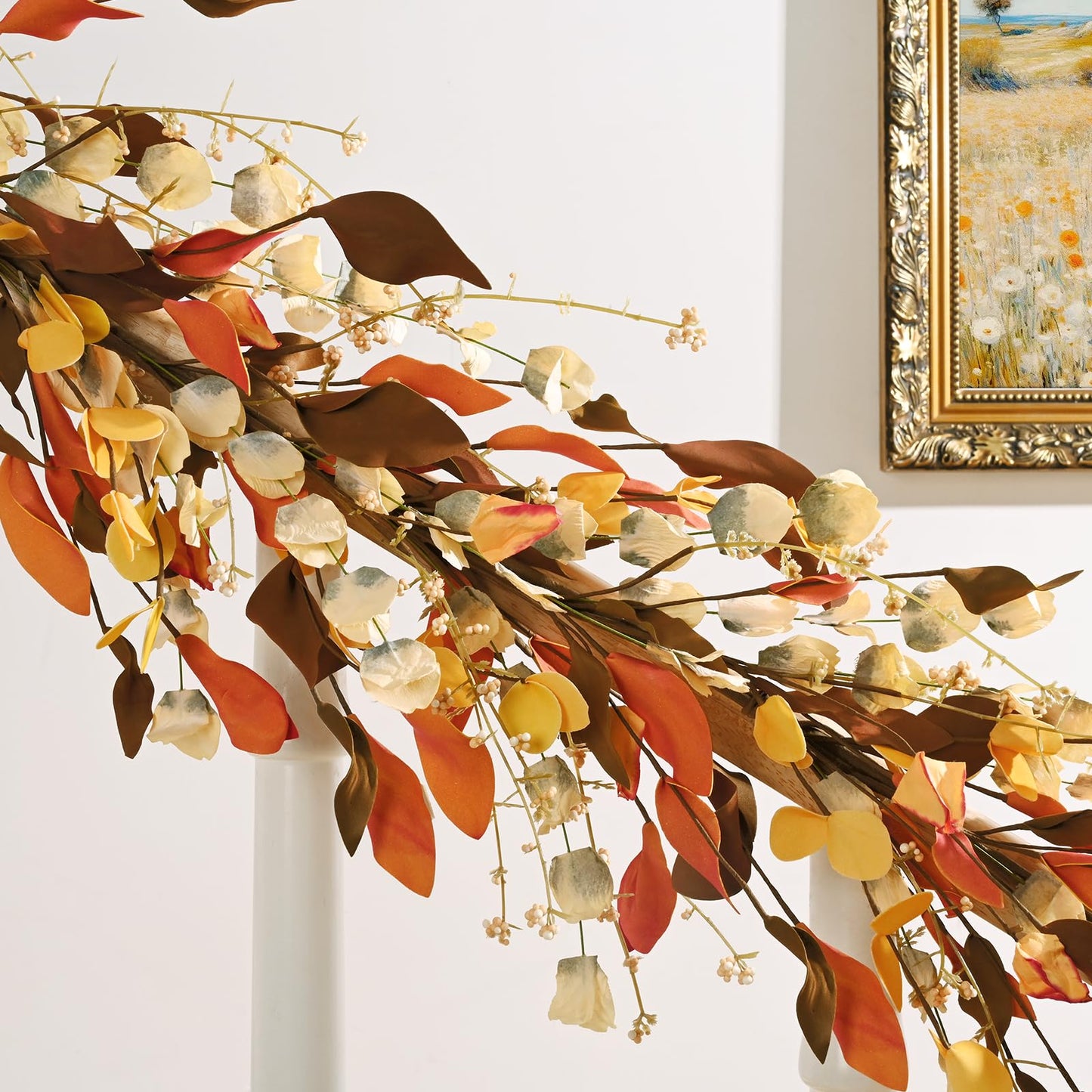 Waipfaru Fall Decor, Fall Garland with Lights, 6FT Autumn Eucalyptus Leaves Lighted Garland Thanksgiving Harvest Festival Decorations for Home Mantle Porch Outdoor Indoor Wedding Table Wall Arch