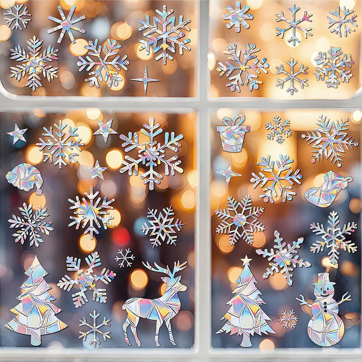 4 Sheets Christmas Window Clings - Snowflake Decals & Stickers for Glass Windows, Holiday & Winter Decor - 60Pcs
