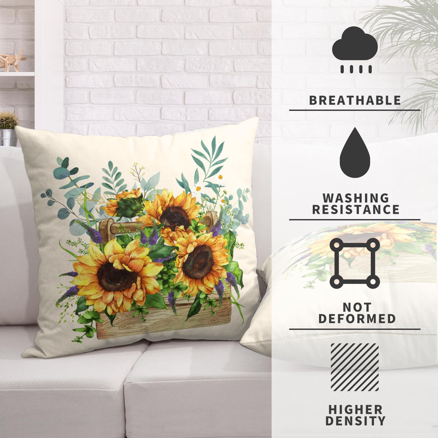 Kwlegh Sunflower Pillow Covers Spring Summer Floral Throw Pillow Covers Set of 2 Sunflowers with Eucalyptus Leaves Farmhouse Pillow Case 18x18 for Sofa Car Patio, Cotton Linen