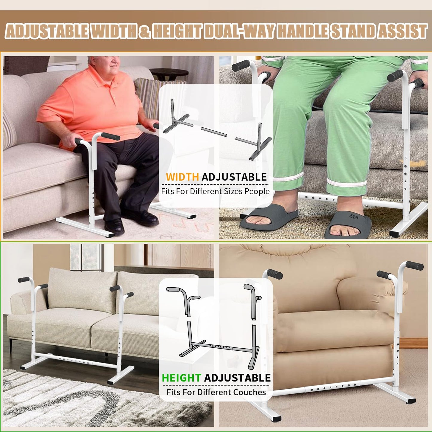 Adjustable Dual-way Handles Couch Chair Stand Assist for Seniors, Standing aid & Support Device, Chair Lift Assist Device for Elderly Mobility & Daily Living Stand to Sit(300LBs Loading, White)