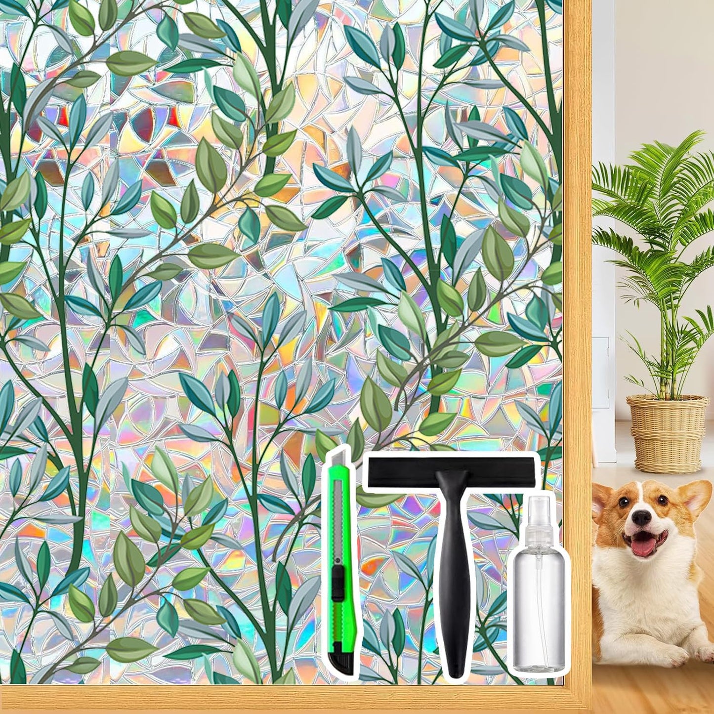 Rainbow Window Privacy Film with Cutting Reference Line, 3D Decals Stained Glass Clings, Static Cling Sticker, Suncatcher Windows Cover Tint for Home, 17.5 Inch x 78.74 Inch