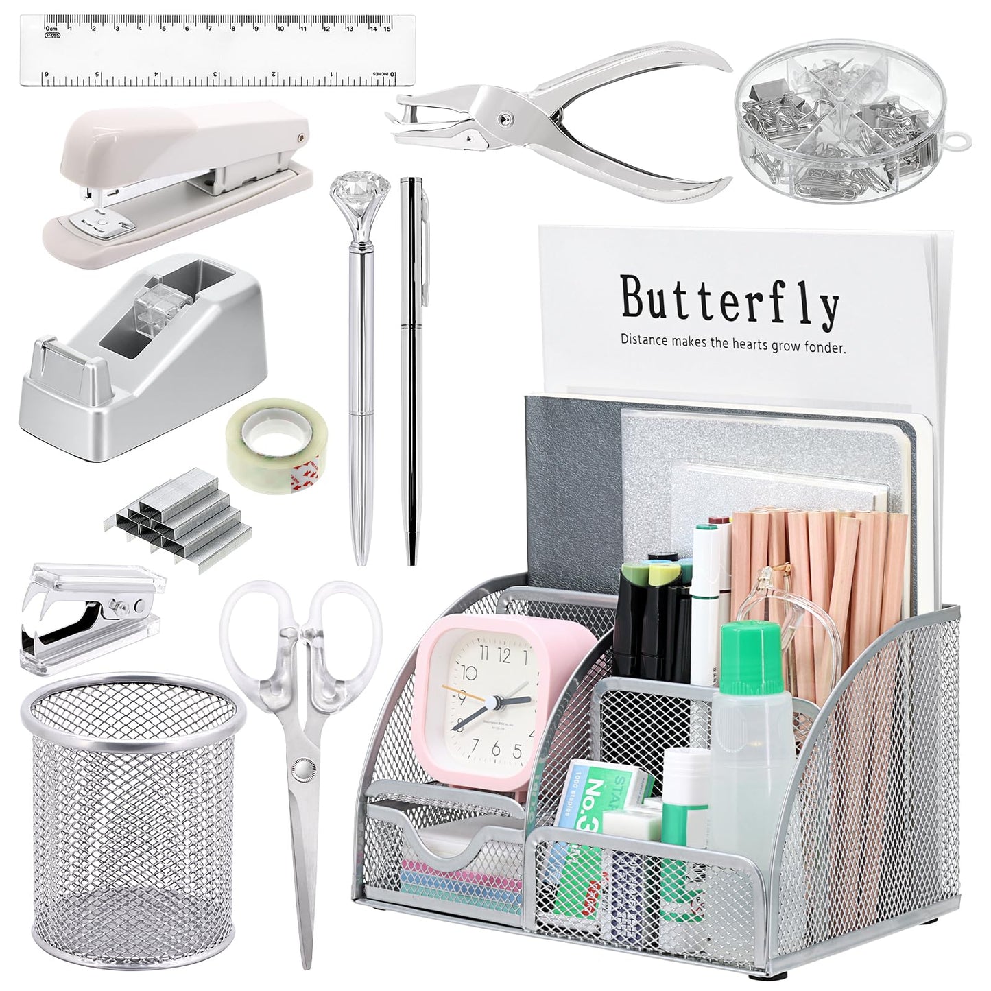 13-in-1 Office Desk Organizer Set with Stapler and Tape Dispenser, Pen Holder, Scissors, Ruler, Hole Punch, 2 Pens & More - All-in-One Desktop Accessories for Home Office School Supplies (Black)