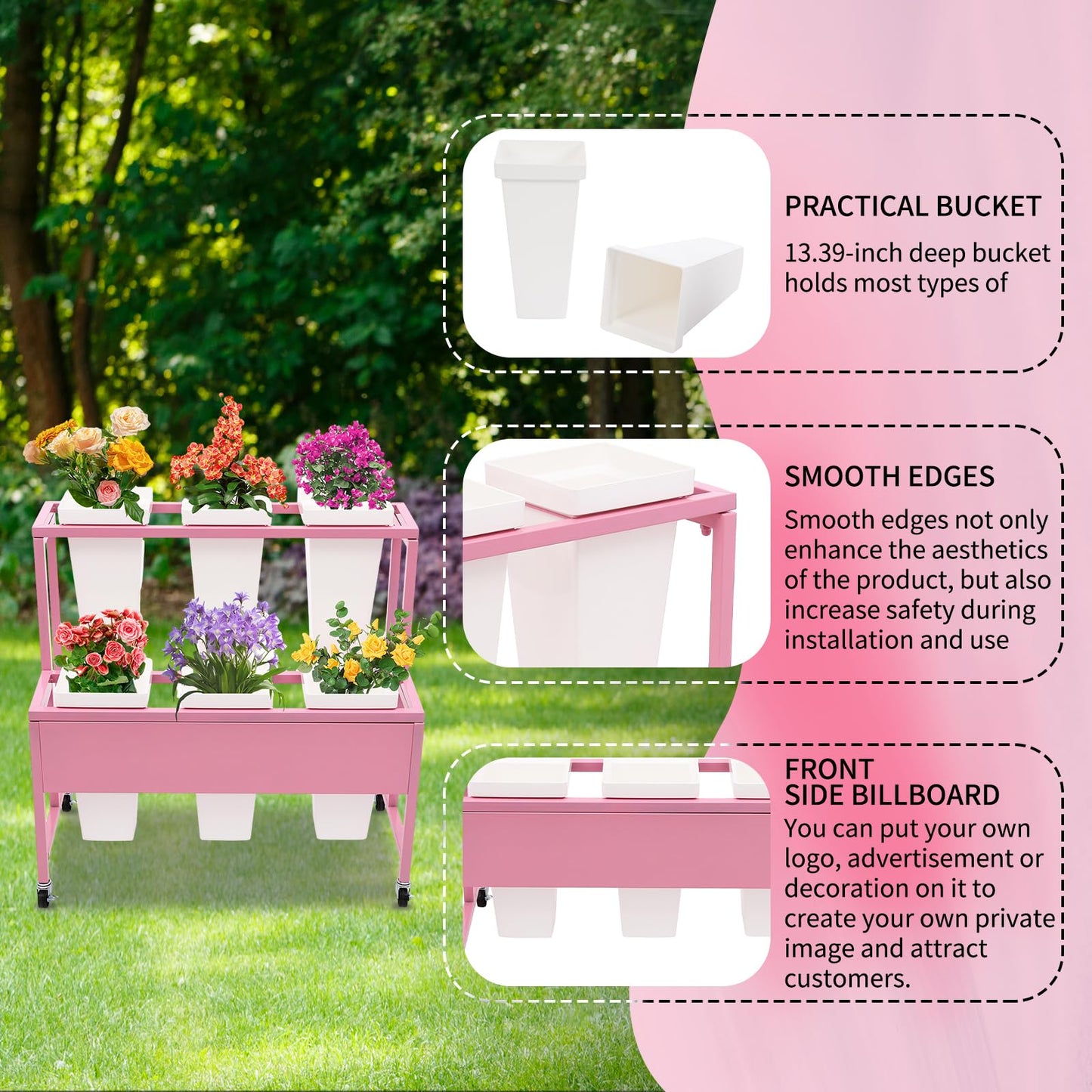 BAIODNB Flower Display Stand with 6PCS Buckets,2 Layers Metal Plant Stand With Wheels Plant Cart, Moving Florist Bouquet Shelf Flower Rack for Indoor, Outdoor Patio Garden, Living Room (Pinl+White)