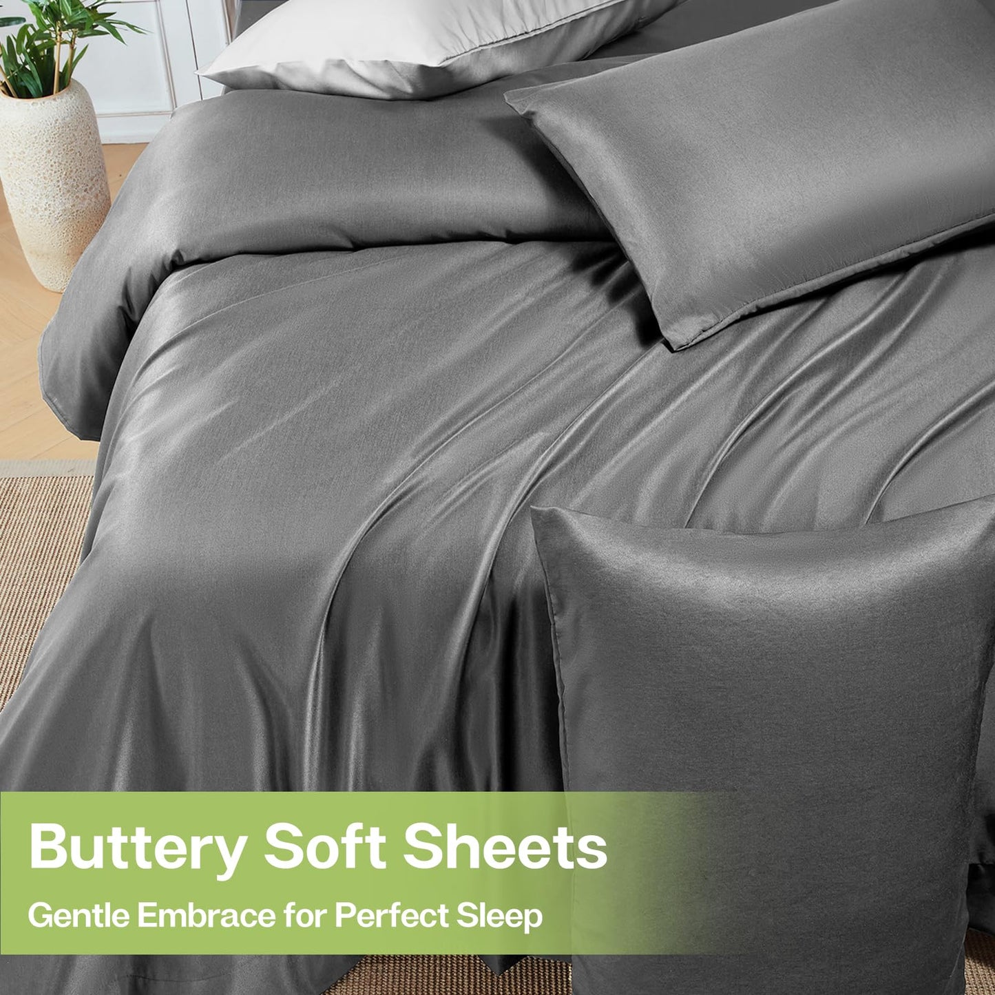 MR&HM Queen Sheet Set, 4-Piece Cooling Sheets, Rayon Derived from Bamboo & Polyester Blend, Soft & Silky, 15" Deep Pockets with Elastic Straps, Hotel Luxury for Hot Sleepers, Grey