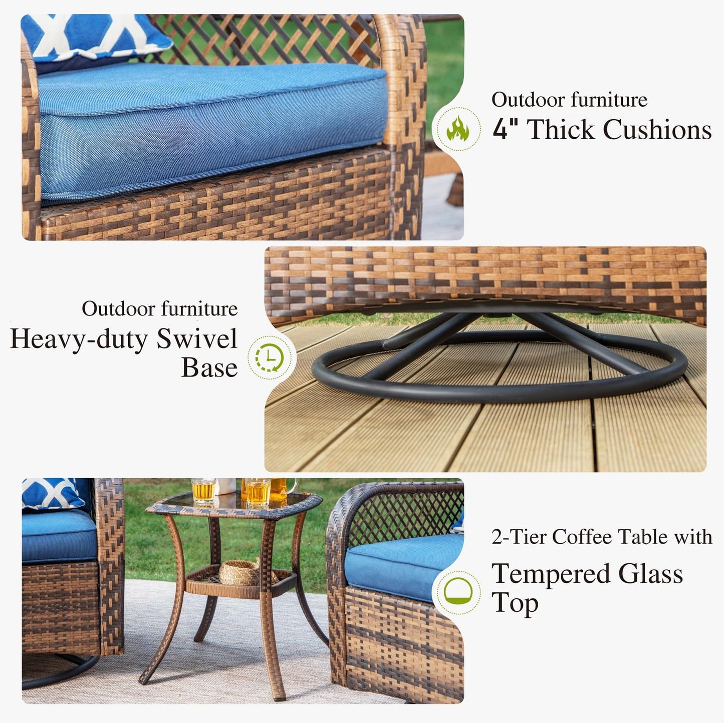 PHI VILLA Oversized Outdoor Swivel Rocker Chairs Set Clearance 3 Piece with 1 Table and 2 Rocking & Swivel Chairs Support 350lbs Navy Blue Wicker Outdoor Furniture Patio Conversation Set