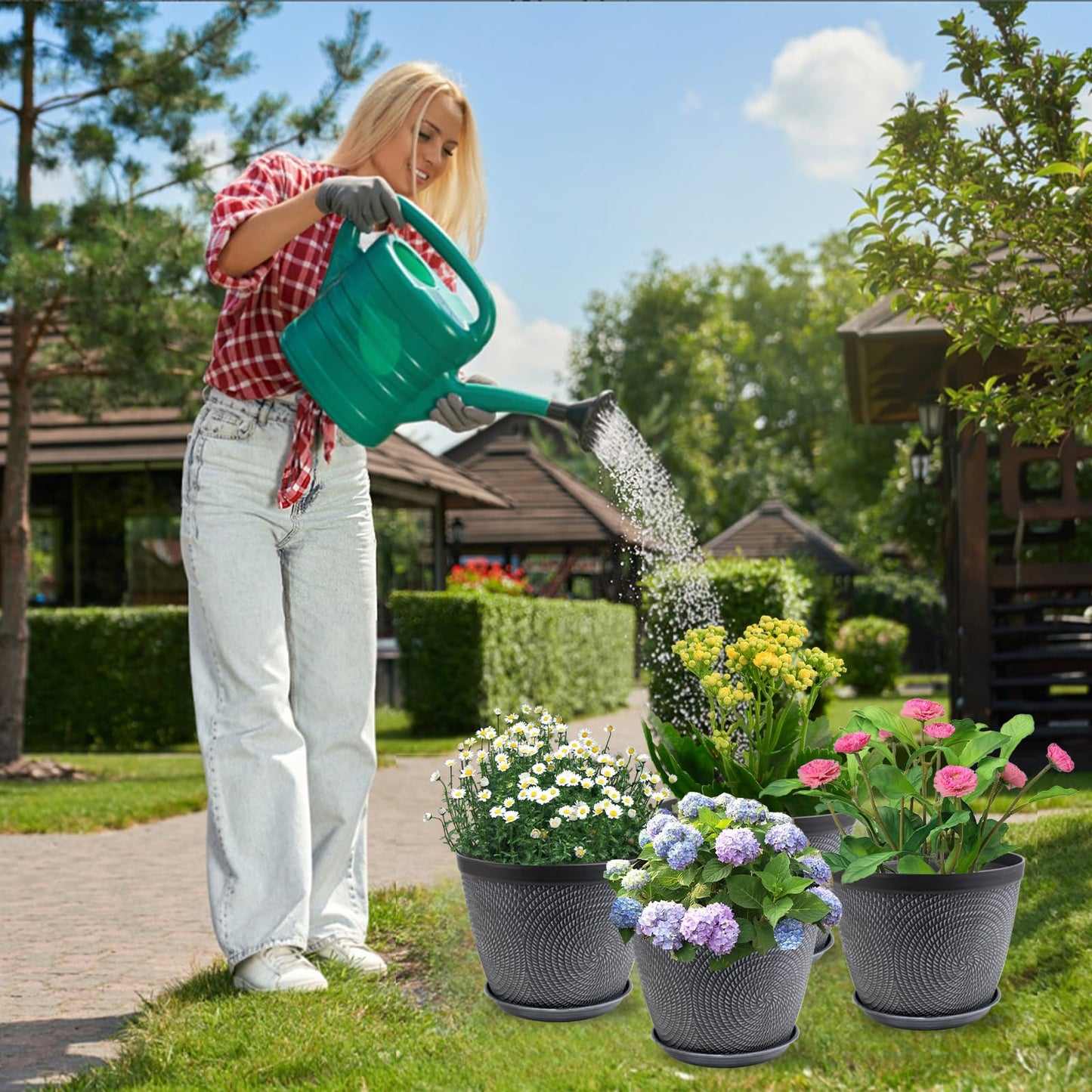 Quarut 4 Pack 15 Inch Large Planter Pot for Plants Outdoor Indoor, Plastic Flower Pots with Drainage Hole & Saucer, Modern Decorative Medium Large Plant Garden Pot, Plant Container for House (Gray)