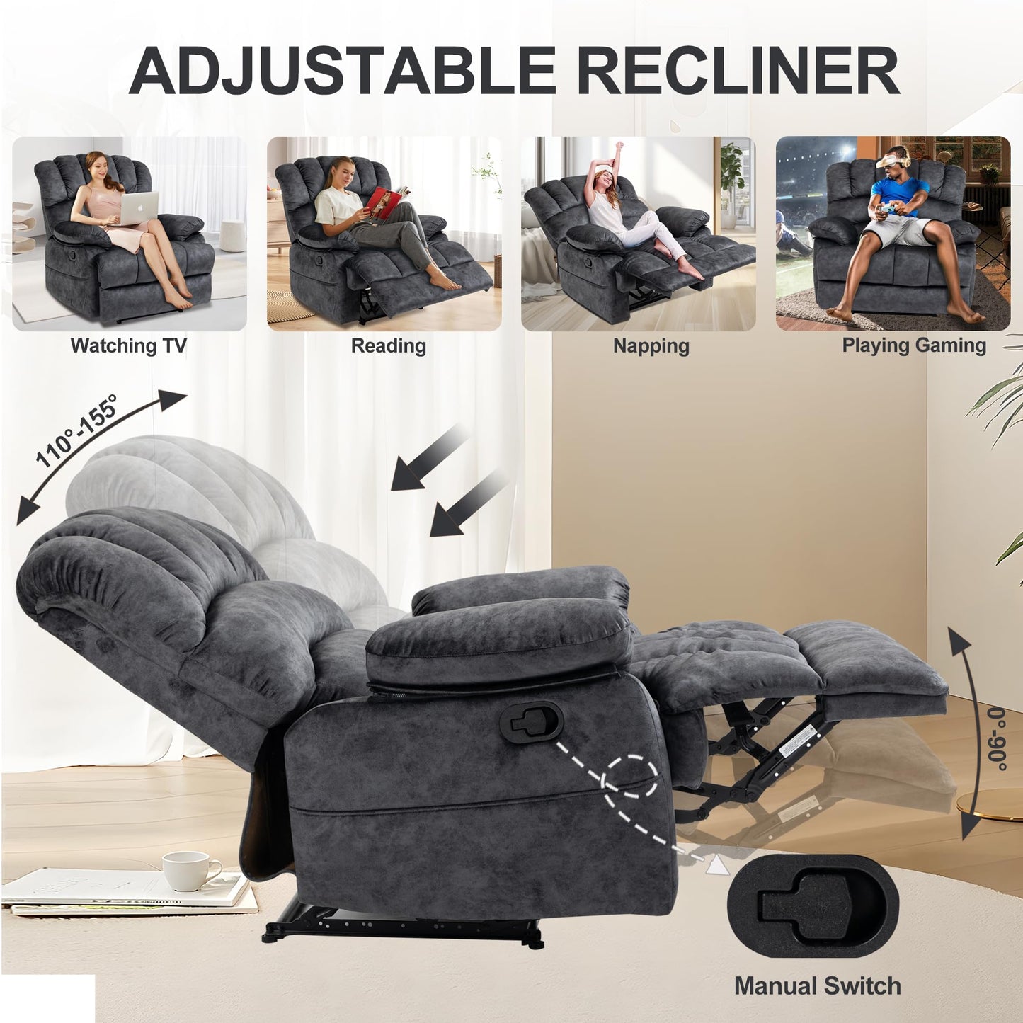 ZJTFNOU Oversized Recliner Chairs for Adults，Manual Adjustable Recliner Chair with Overstuffed Backrest with Lumbar Support, Reclining Chair Single Seat Sofa for Living Room, Bedroom