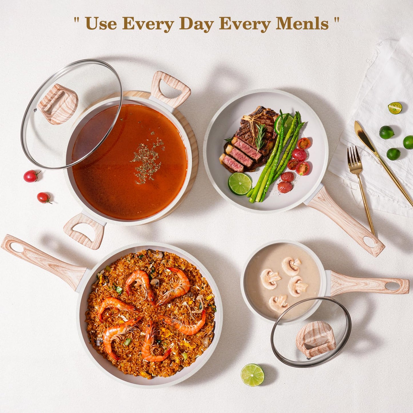 SODAY 12 Pcs Pots and Pans Set Non Stick, Cookware Sets White Granite Induction Cookware, Non-toxic Healthy Nonstick Kitchen Cooking Set with Frying Pans Set, Saucepans (PFAS/PFOA/PFOS Free)