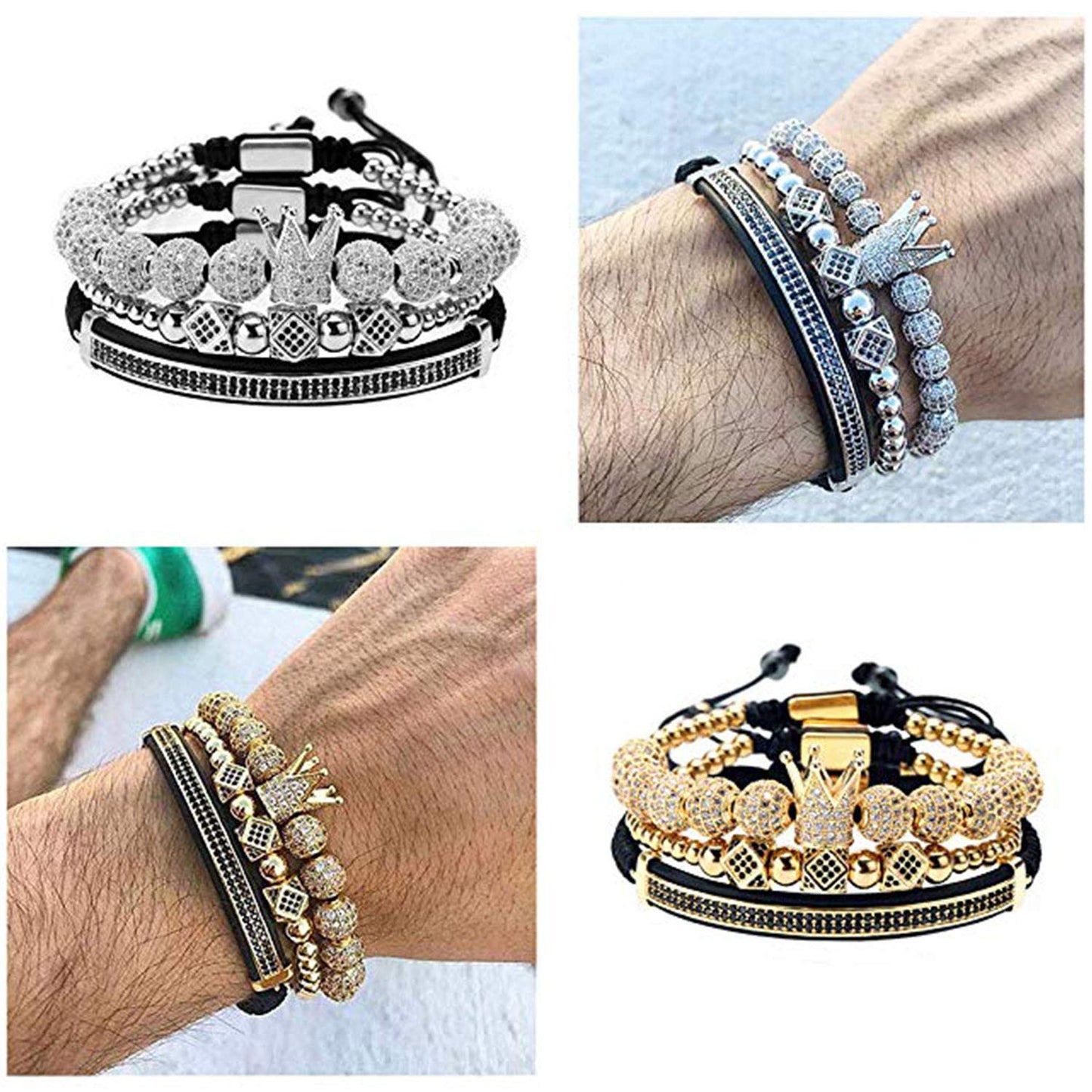 GVUSMIL Luxury CZ Imperial Gold Crown Bracelets Set King Royal Style with 8mm Zirconia Beads Braided Pulseira Bangle Charm Jewelry for Men