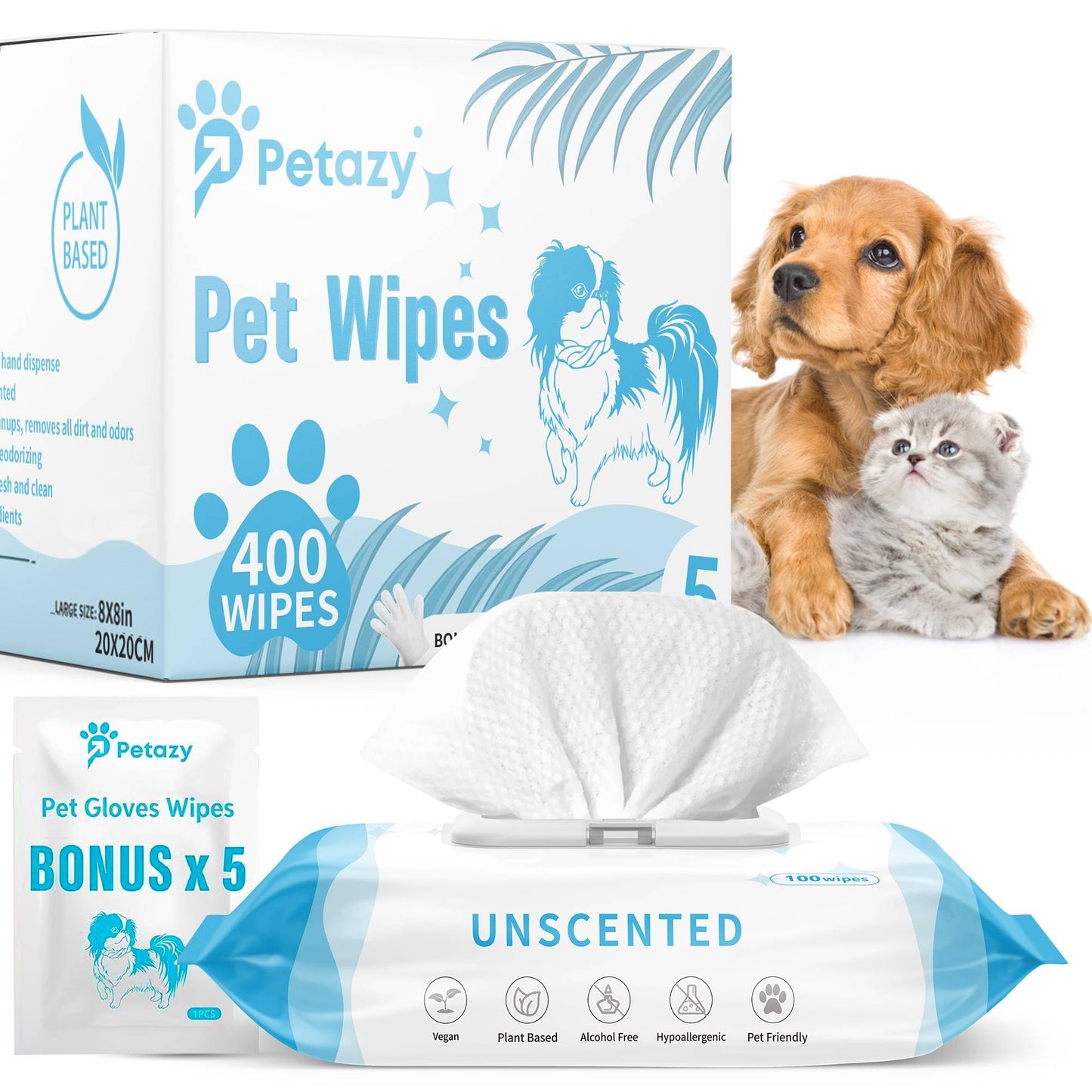 Petazy 400 Dog Wipes for Paws and Butt Ears Eyes | Organic Pet Wipes for Dogs | Unscented Dog Wipes Cleaning Deodorizing | Extra Thick Paw Wipes for Dogs Cats Pets | Bonus Glove Wipes Included