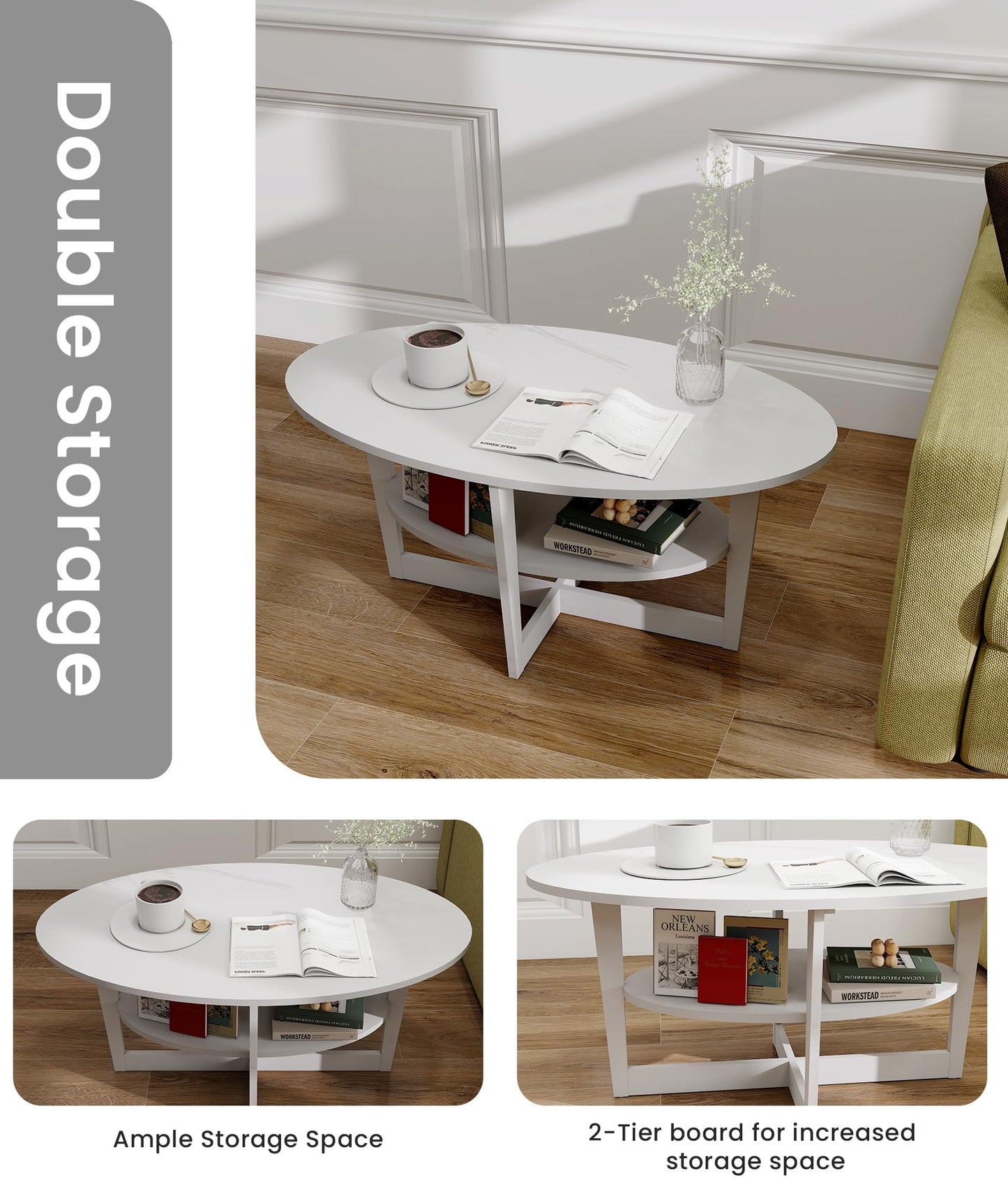 VPSMAT Coffee Table for Living Room, 2-Tier Round Wood Center Table with Storage Shelf Modern Design Home Furniture for Apartment White