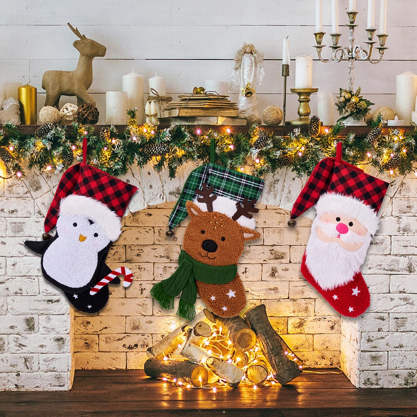 Munidow 3 Pack 18" Large Christmas Stocking, 3D Plush Christmas Stocking Santa Penguin Fur Xmas Stocking Holiday Christmas Decoration Gifts for Family Holiday Christmas Party Decorations D1