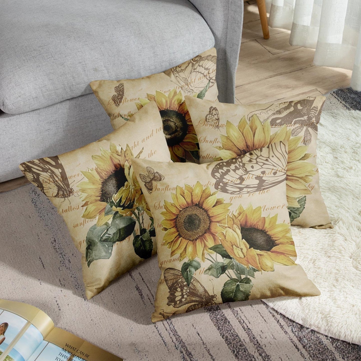 Sanwarm Throw Pillow Covers Home Decor Set of 4 Floral Sunflower Yellow Flower Green Pillow Cases Decorative 18 x 18 Inches Outdoor Cushion Couch Sofa Pillowcases