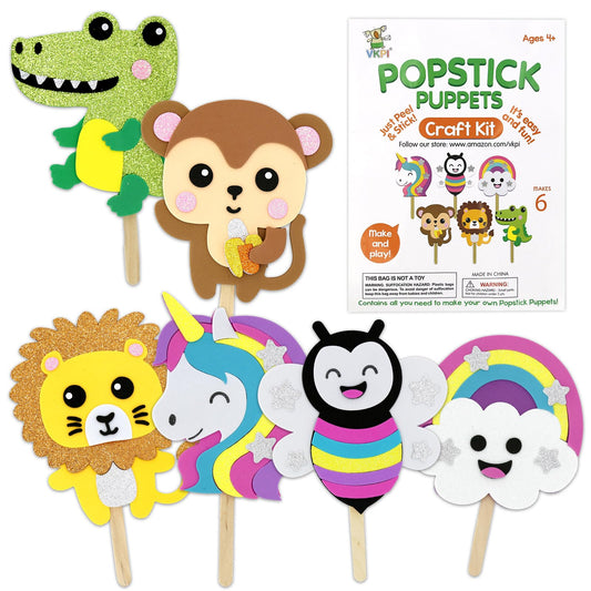 VKPI Make 6 Popstick Puppets Craft Kits for Kids, Foam Art Crafts Gift, Story Time Toys for Ages 4+ Toddler, Cloud, Animals, Preschool Projects Game Crafts, Birthday Party Favor Supplies