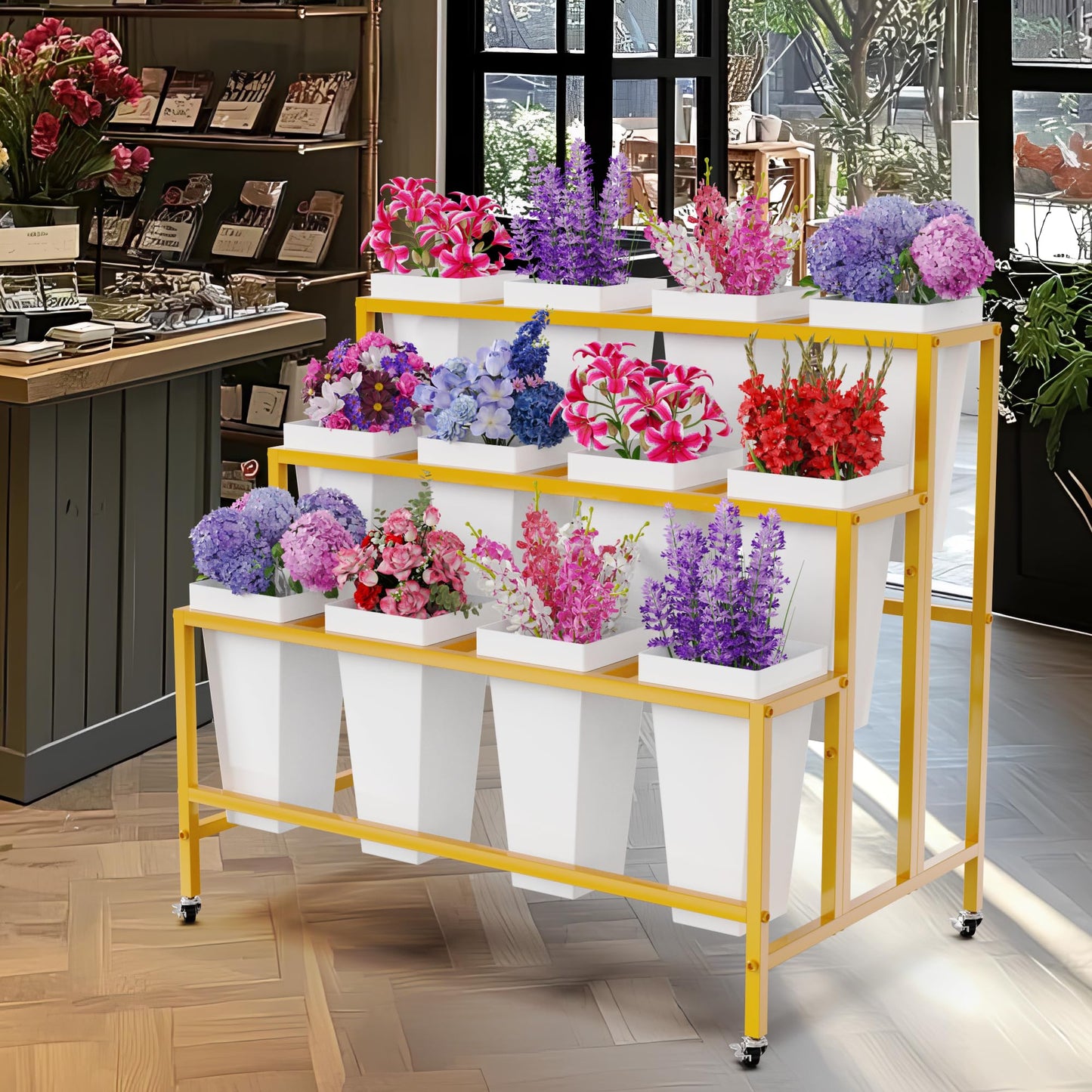 Putros Flower Display Stand with 12 Buckets Gold 3 Layers Metal Floral Cart with Wheels Moving Florist Bouquet Bar Plant Shelf for Indoor Outdoor Patio Garden Party Decor