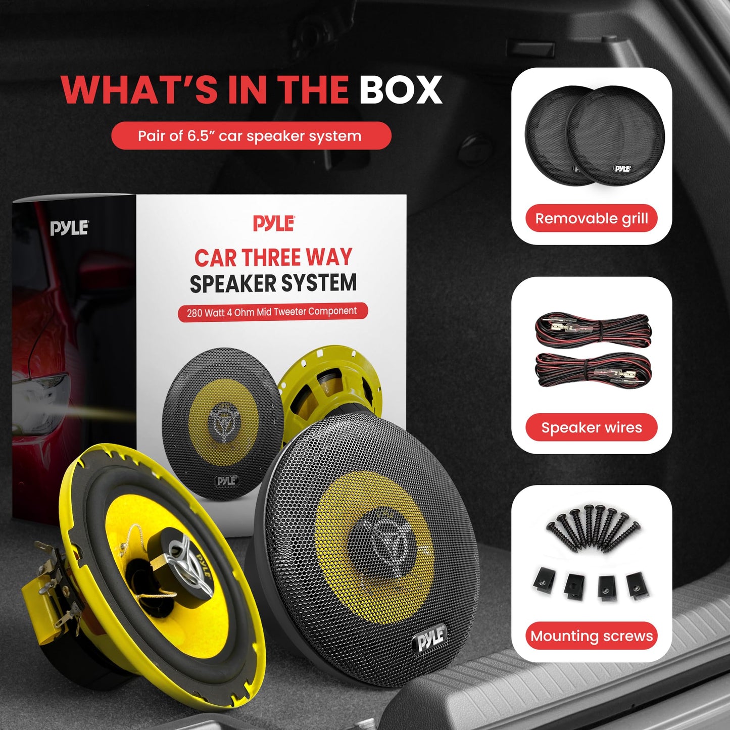 Pyle Car Three Way Speaker System - Pro 6.5 Inch 280 Watt 4 Ohm Mid Tweeter Component Audio Sound Speakers For Car Stereo w/ 40 Oz Magnet, 2.25” Mount Depth Fits Standard OEM - Pyle PLG6.3 (Pair),Yellow/Black
