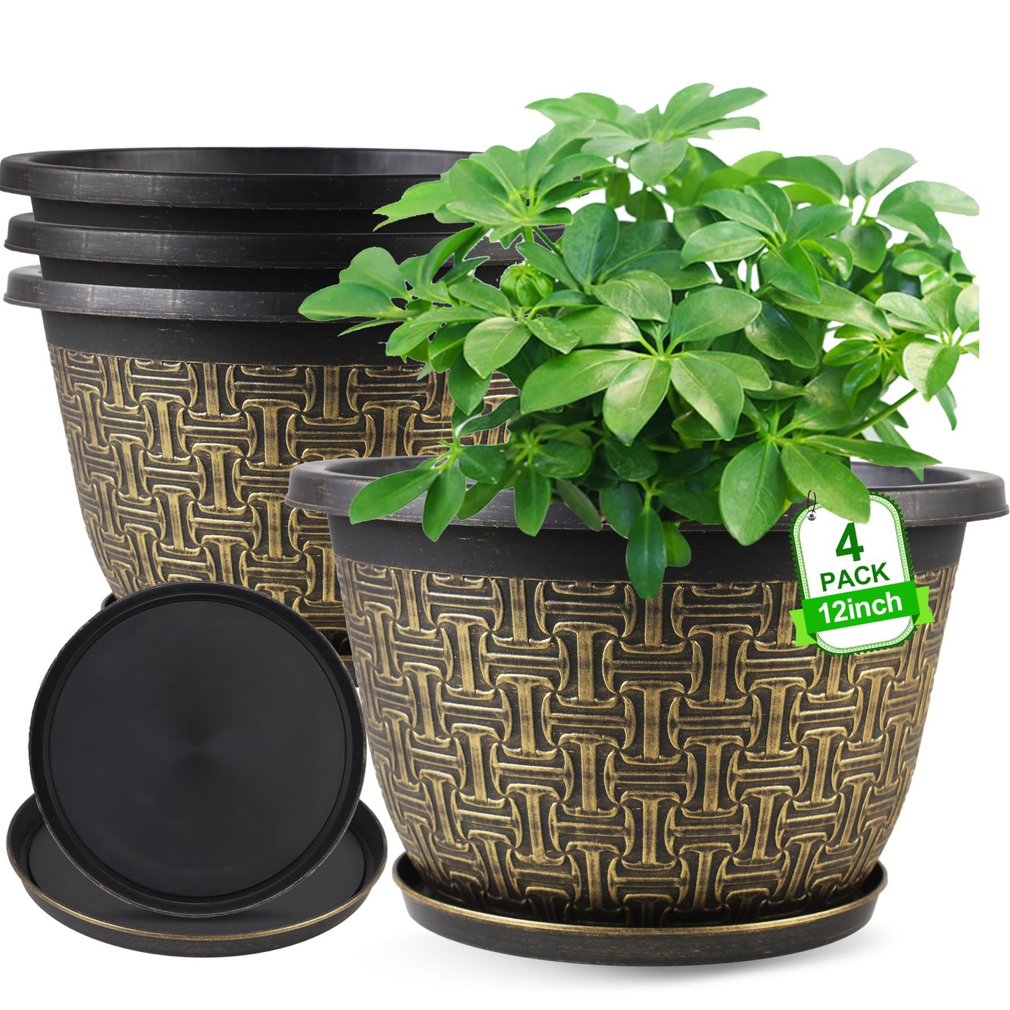 Nooulap 4 Pack 12 Inch Plant Pots,Large-Plant-Flower-Planters-Plastic, Flower Pots Outdoor Indoor with Drainage Holes & Trays, Retro Antique Imitation Decorative Garden Sets for Houseplants