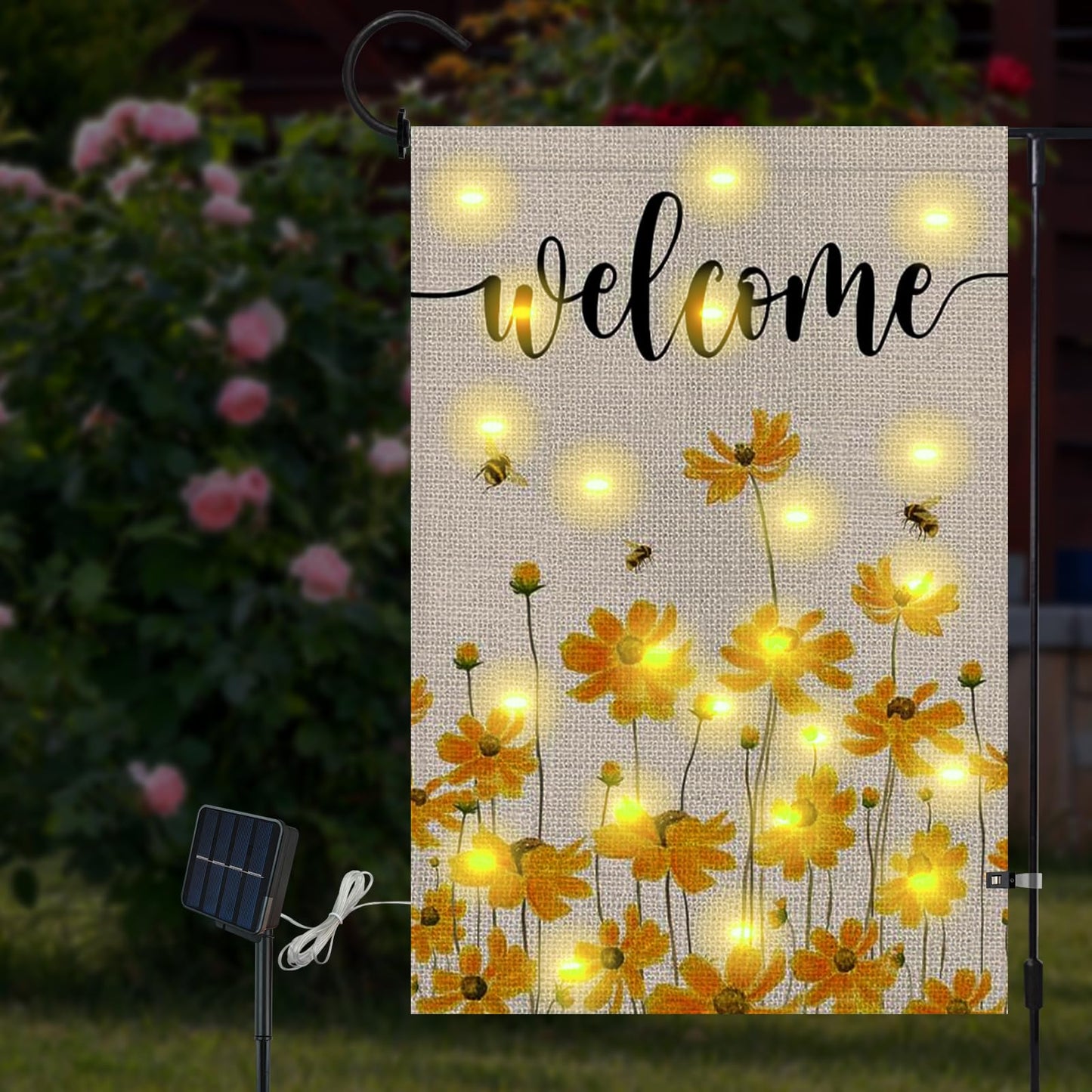 Lighted Spring Summer Floral Welcome Garden Flag, 12 x 18 Inch Double Sided Vertical Burlap Sunflower Bee Led Garden Flag for Seasonal Holiday Outdoor Yard Decoration