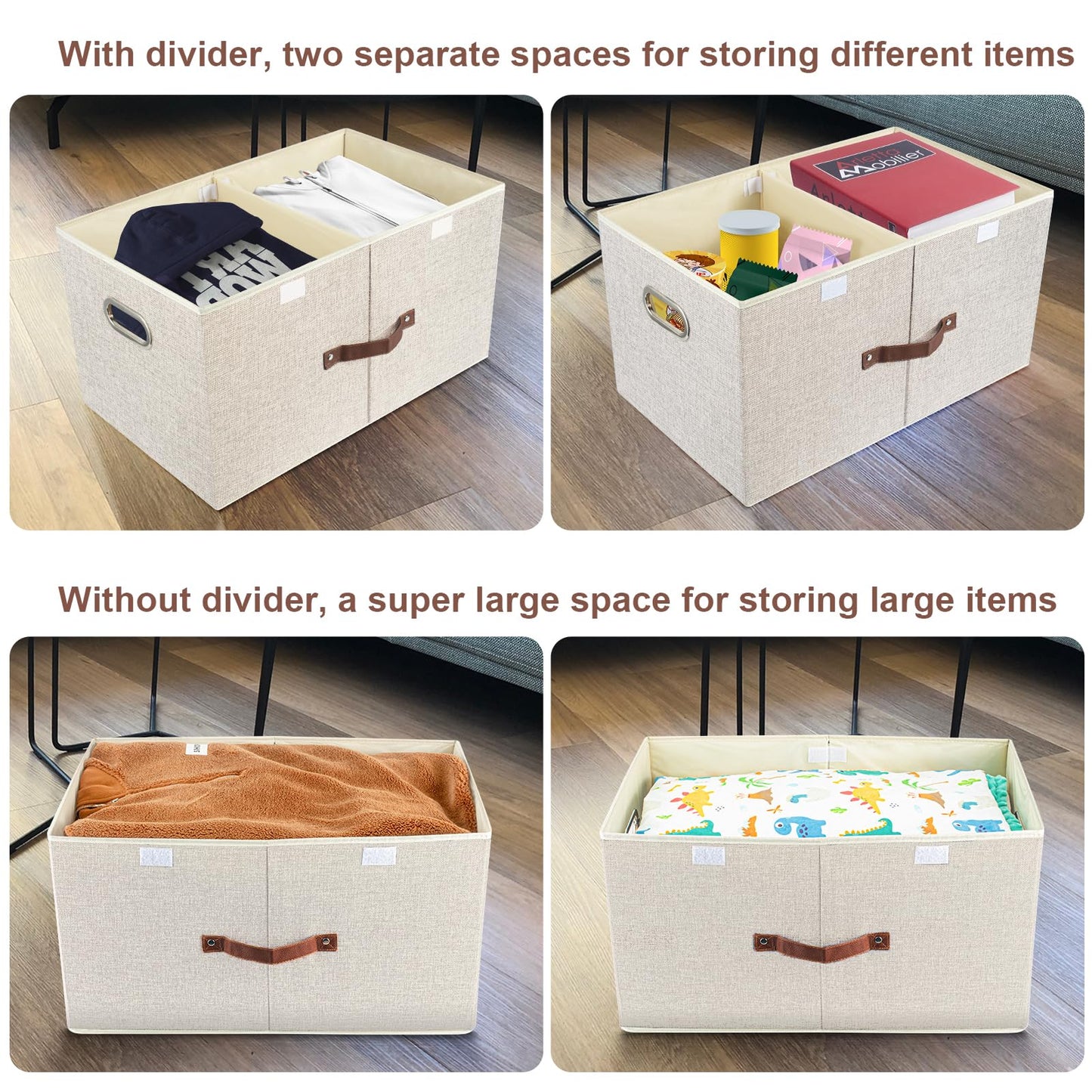 TYEERS Extra Large Collapsible Storage Bins with Lids and Compartments, Washable, Fabric Storage Boxes, 21.7x13x11.8 inches, 2 Pack, Beige