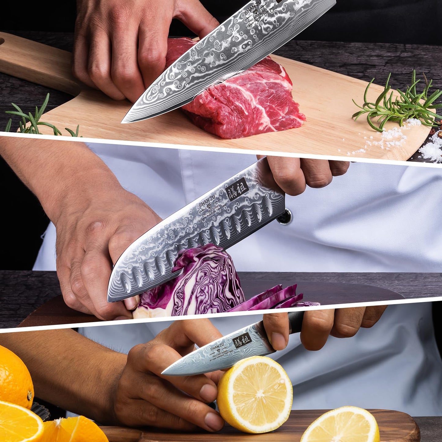 SHAN ZU Damascus Knife Set, Japanese Super Steel 3 PCS Damascus High Carbon Professional Ultra-Sharp Kitchen Chef Knife Set with G10 Handle Gift Box