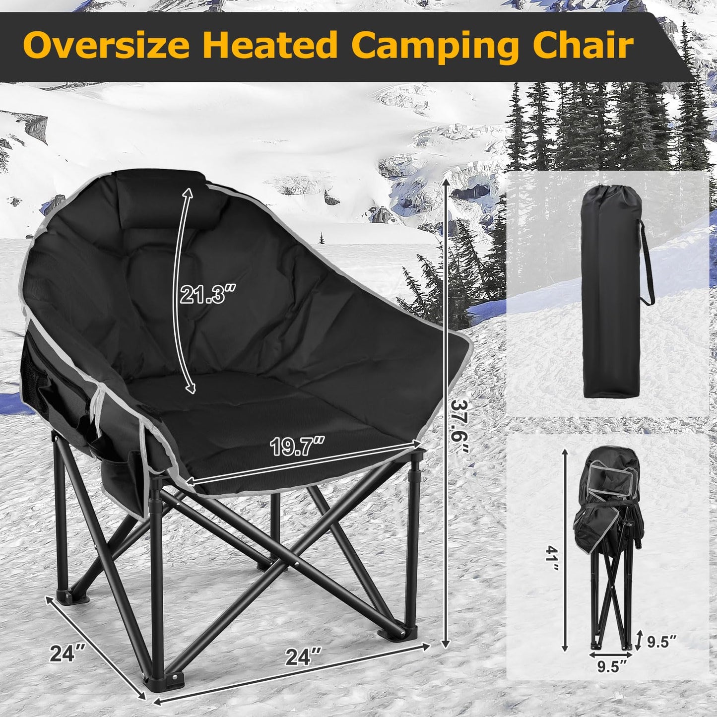 ZENPETIO Heated Camping Chair, Oversized Heated Chair for Adults Outdoor Sports, Dual Heating Zones with 3 Levels, Portable Folding Heated Chairs for Camp, Sports, Lawn with 20000mAh Battery