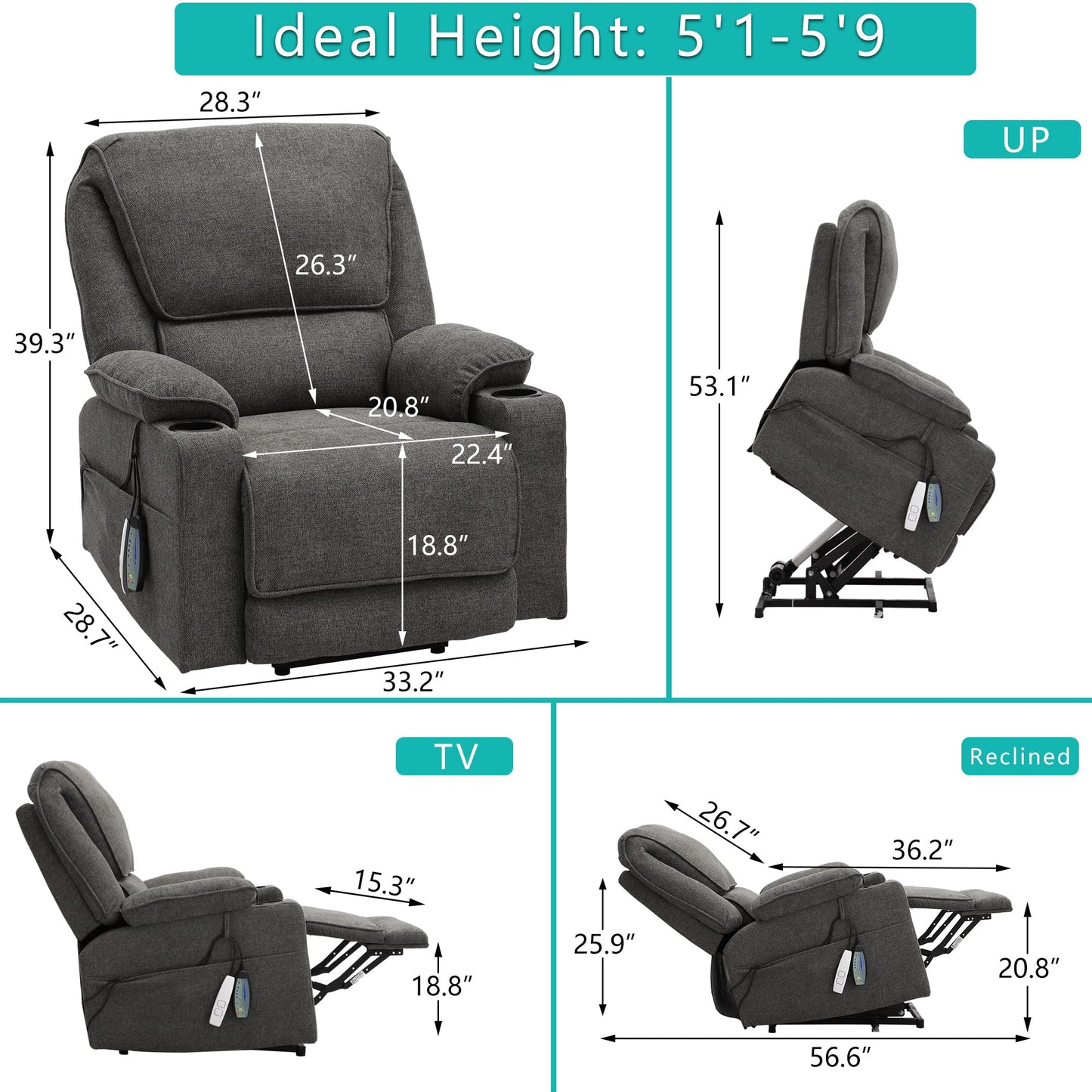 KIGOTY Power Lift Recliner Chair with Massage and Heat for Elderly, Recliner Chairs for Adults, Recliner Massage Chair with Remote Controls,Cup Holders, USB Port (Dark Grey, 33" Wide)