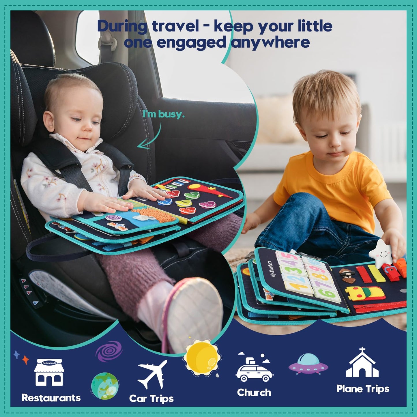 Toddler Sensory Busy Board: Travel Toy Activity Book for Girls Boys, Motor Skill Development Gift for Baby Aged 3-4 Years, Fine Educational Preschool Montessori Learning Toy for Car Airplane Space
