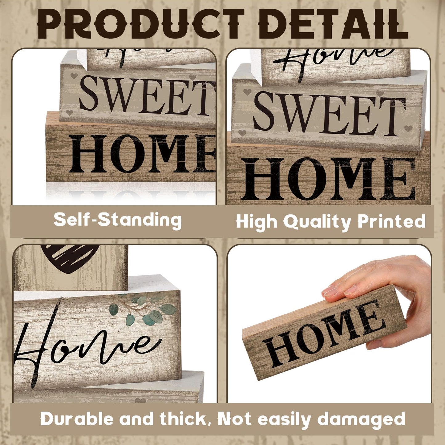 Moucuny 4 Pcs Wooden Farmhouse Tabletop Decor Rustic Home Tiered Tray Decor Decorative Highland Cow Home Eucalyptus Block Signs Gift Farmhouse Table Decoration for Kitchen Shelf(House)