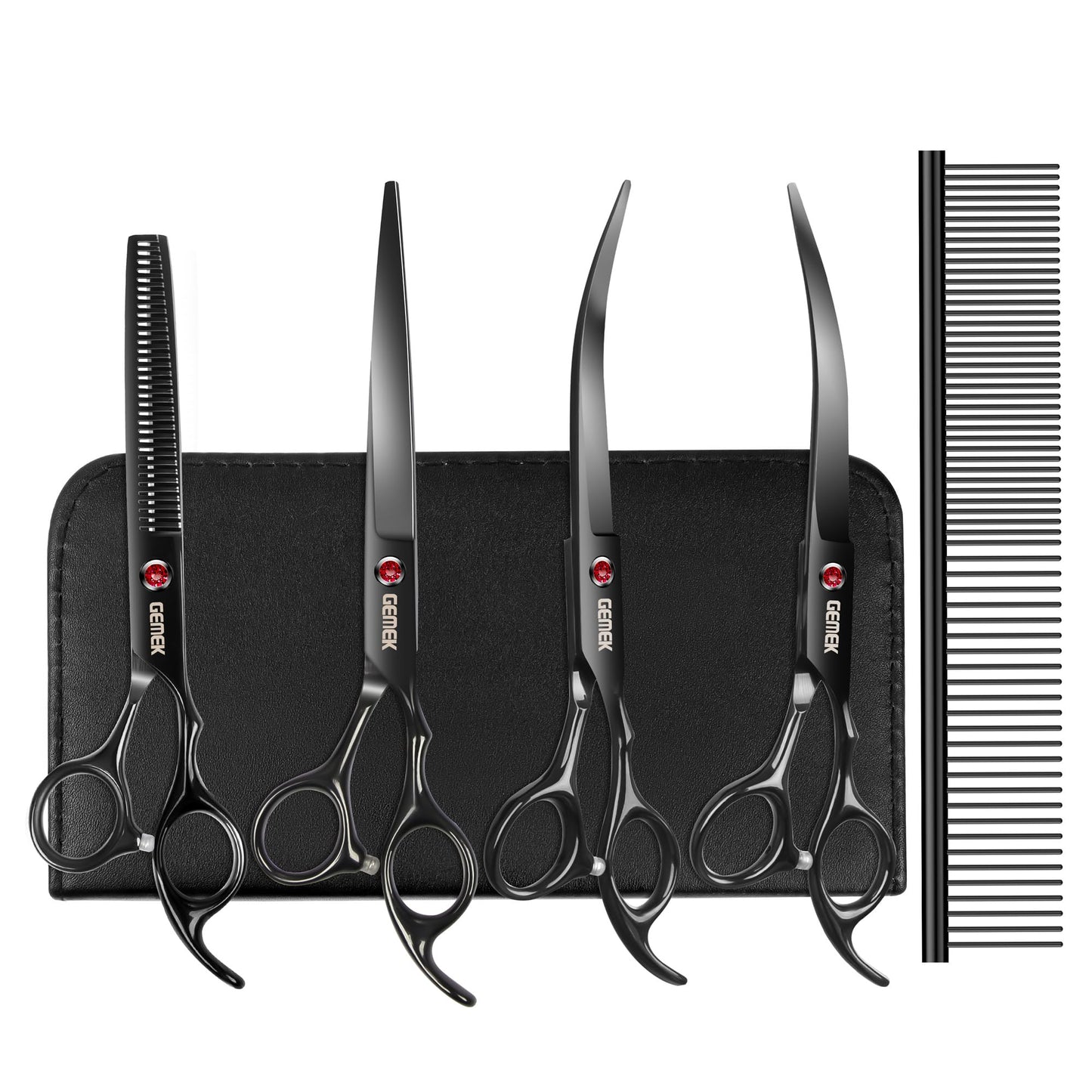 7.0in Titanium Professional Dog Grooming Scissors Set, GEMEK 6 in 1 Straight & Thinning & Upwards Curved & Downwards Curved Scissors & Comb for Dogs, Cats and Other Animals