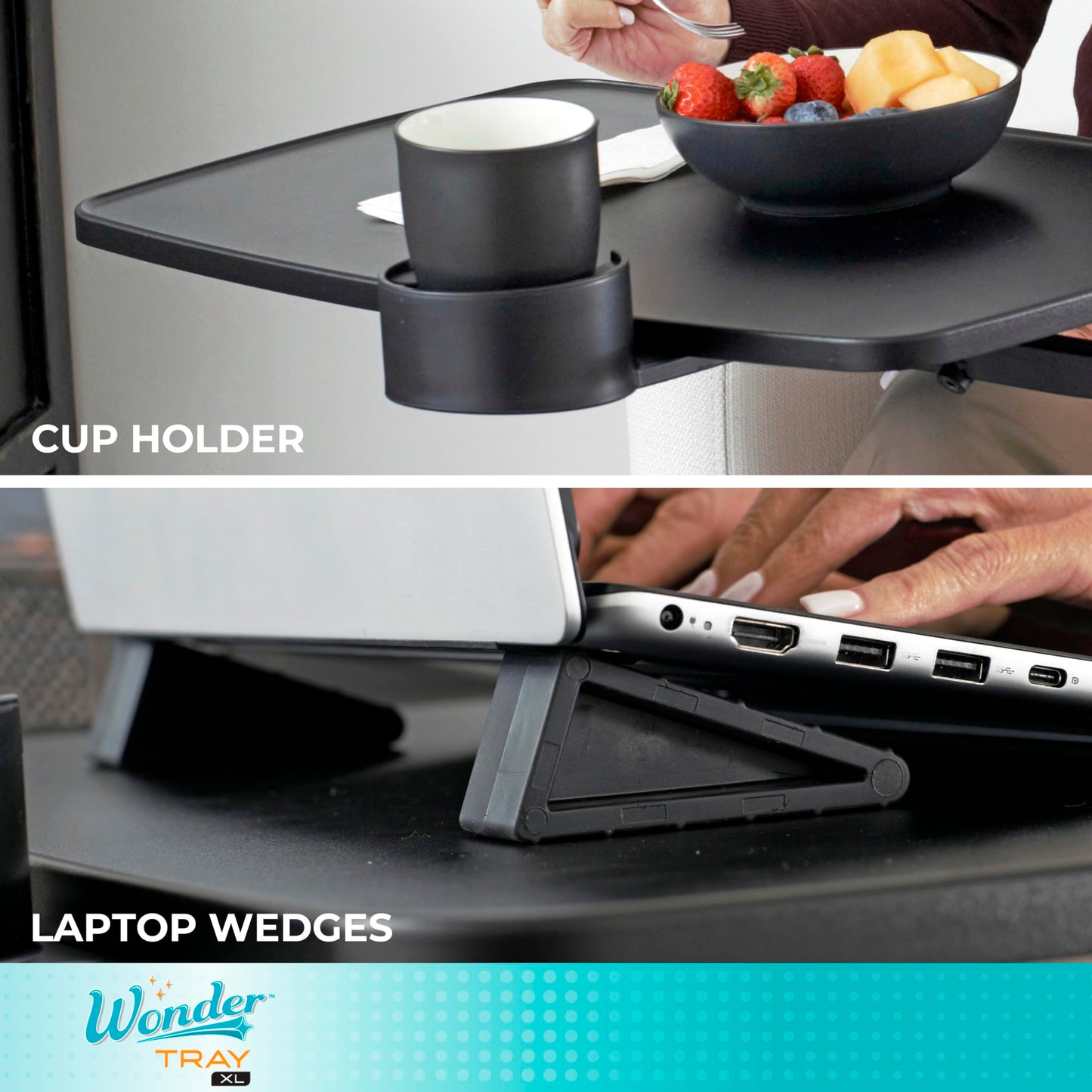 Stander Wonder Tray, Adjustable Swivel Table, Extra-Large Computer Stand, Couch Desk & Gaming Bench, TV-Trays for Eating on Couches, Chairs, Recliners with Laptop Wedges and Cup Holder, XL, Black
