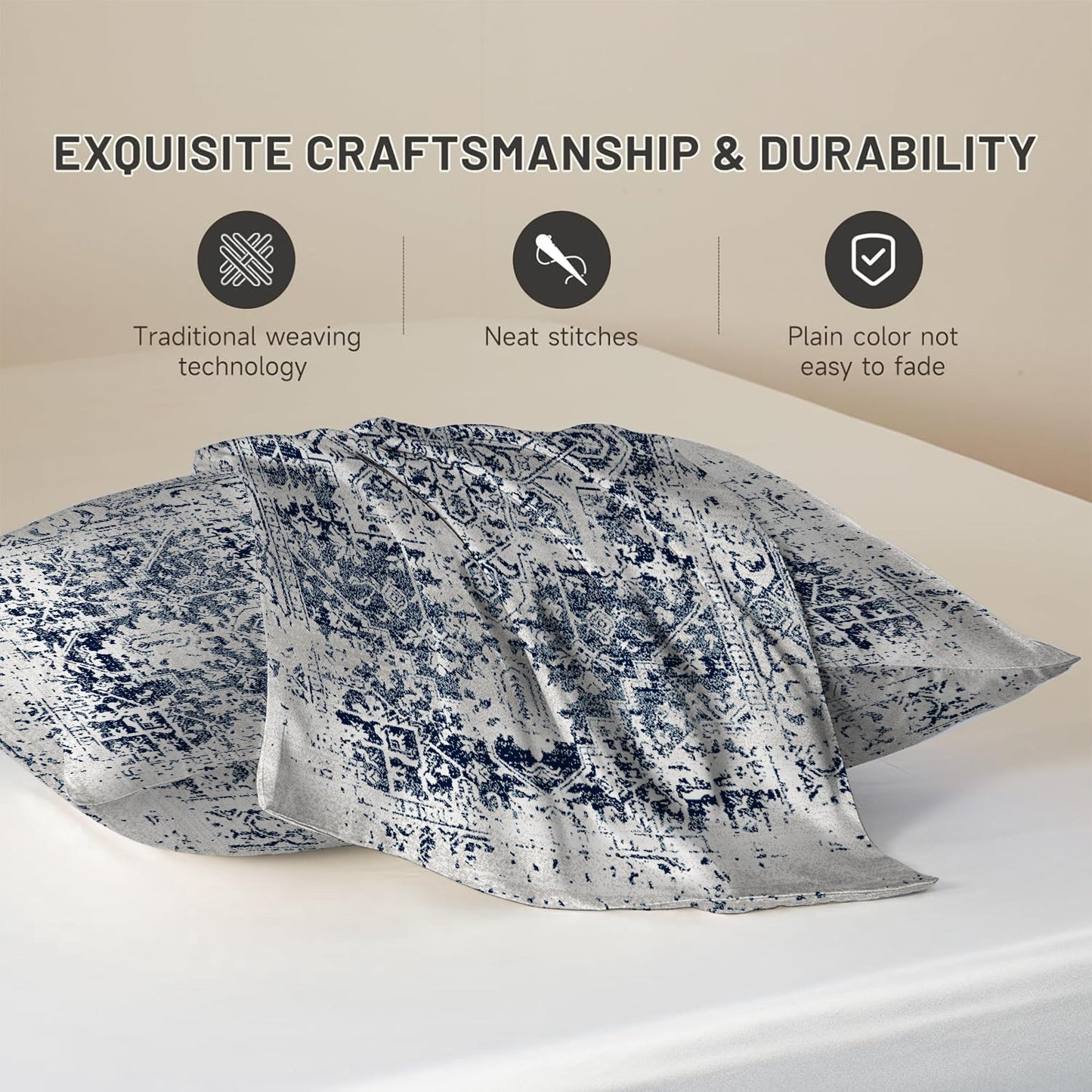 Silk Like Pillowcase for Hair and Skin Retro Boho Blue Carpet 1 Pack Satin Pillowcase with Hidden Zipper Soft Breathable Smooth Cooling Pillow Cover Queen Size for Bedroom Sofa 20”x30”