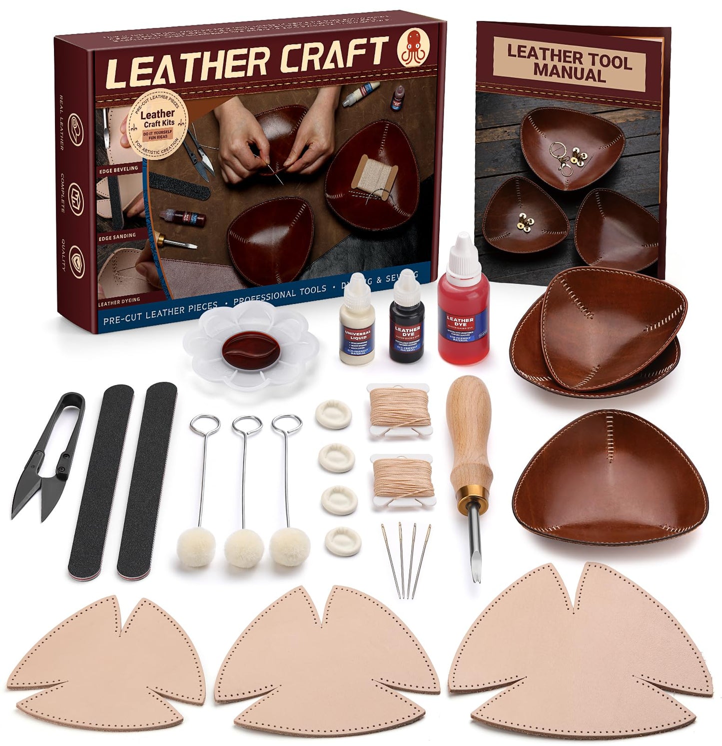 Leather Crafting Kit: Leather Working Tools and Supplies for DIY Craft Beginners Stamping Dyeing Carving Sewing Edge Sealing with Video Tutorials for Earrings Wallet Keychain Wristband Bookmark