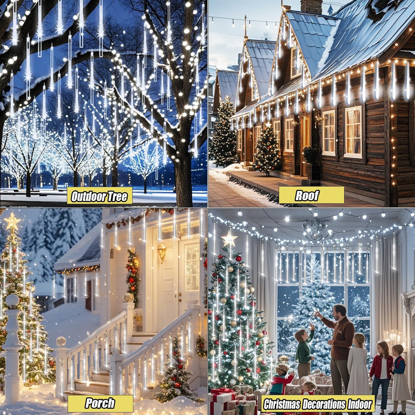Adecorty Christmas Lights Outdoor, Meteor Shower Lights 8 Tubes 192LED UL Certified Snow Falling Rain Cascading Icicle Light for Xmas Tree Christmas Decorations Outdoor Wedding Party Window, White