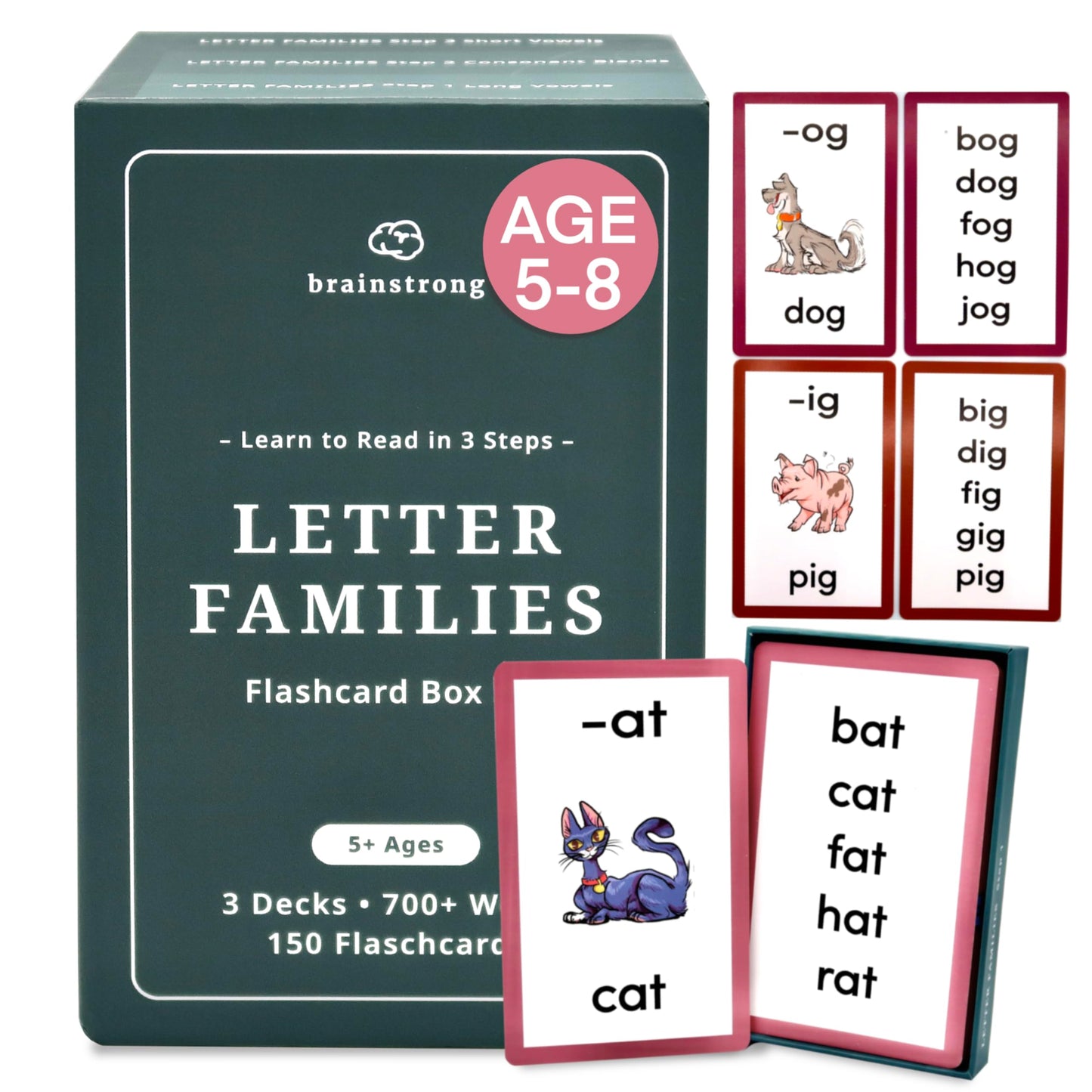 750 Phonics Words | Learn to Read Kindergarten 1st Grade | Reading Mastery for Ages 5-8 | Short/Long Vowels & Consonant Blends | Brainstrong Premium 3 Box Set | 150 Flashcards