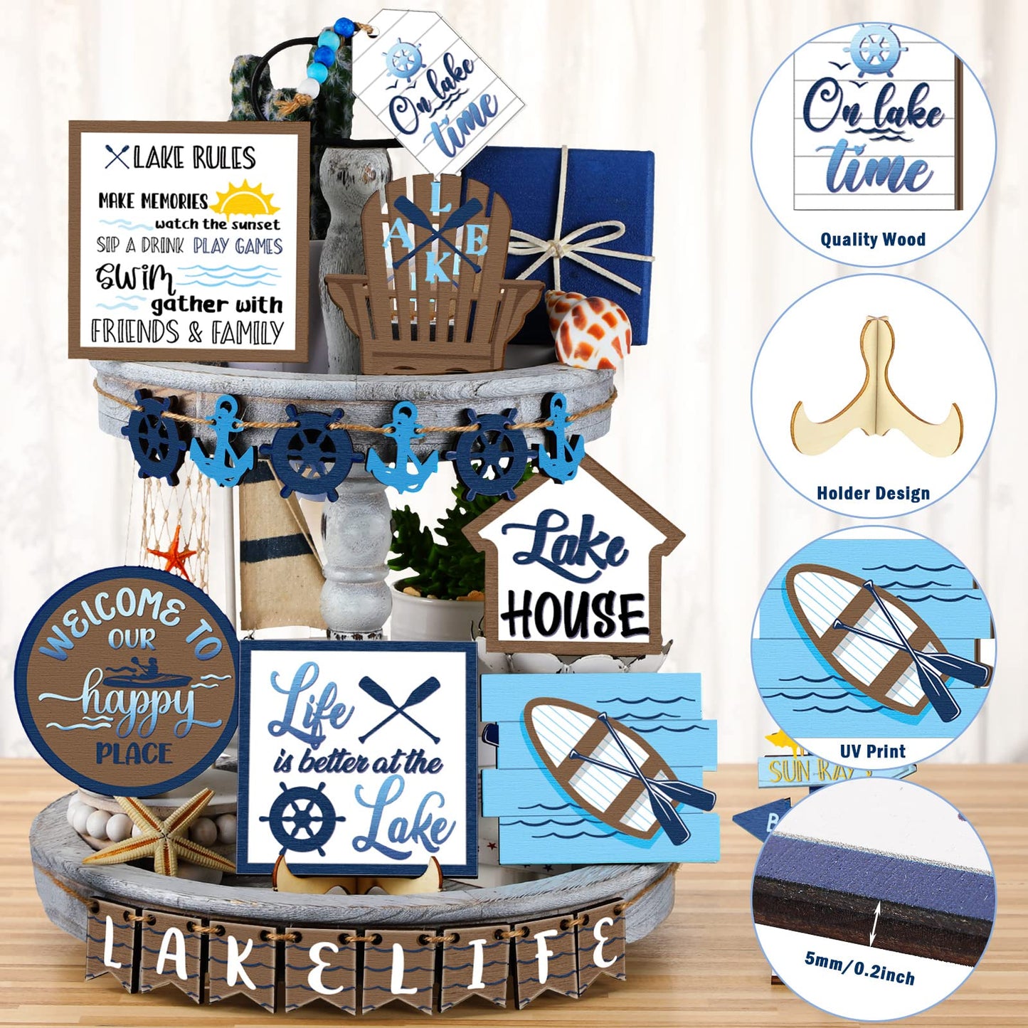 22 Pieces Summer Tiered Tray Decor Sets Farmhouse Hello Summer Wood Sign Rustic Beach Home Decor Summer Table Decorations Small Hawaiian Wooden Plaque for Shelf Kitchen Tabletop (Lake House Style)