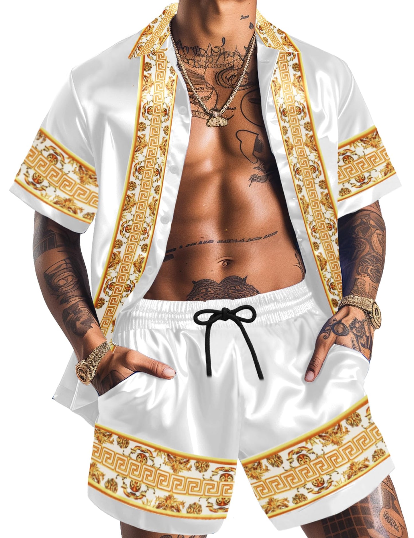 ZSJR Mens Hawaiian Outfits Christmas Shirt Satin African Camisas De Seda Para Hombres Clearance Sets 2 Piece Fashion Casual Luxury Shiny Silk Like Button up Dress Rompers Sexy Miami Shirts for Men