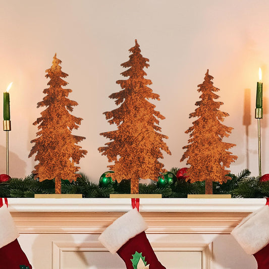 Huwena 3 Pcs Fall Metal Pine Tree Tabletop Decor Vintage Christmas Trees Table Centerpiece with Wooden Base Rustic Farmhouse Standing Tree Sign for Home Office Fireplace Shelf Tiered Tray Decor