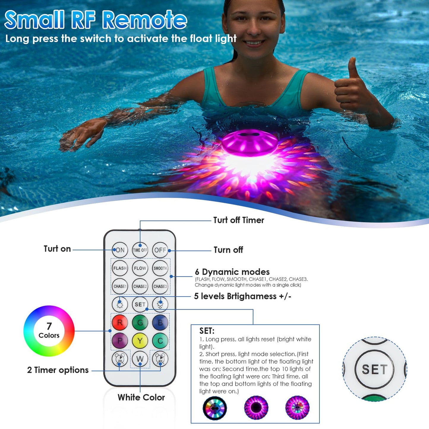 QOLNBY Floating Pool Lights, Rechargeable Pool Lights with 6 Dynamic Lighting Effects, Upper and Lower Color Changing Floating Light, IP68 Waterproof Lights for Pools, Hot Tubs, Fountain 1 Pack
