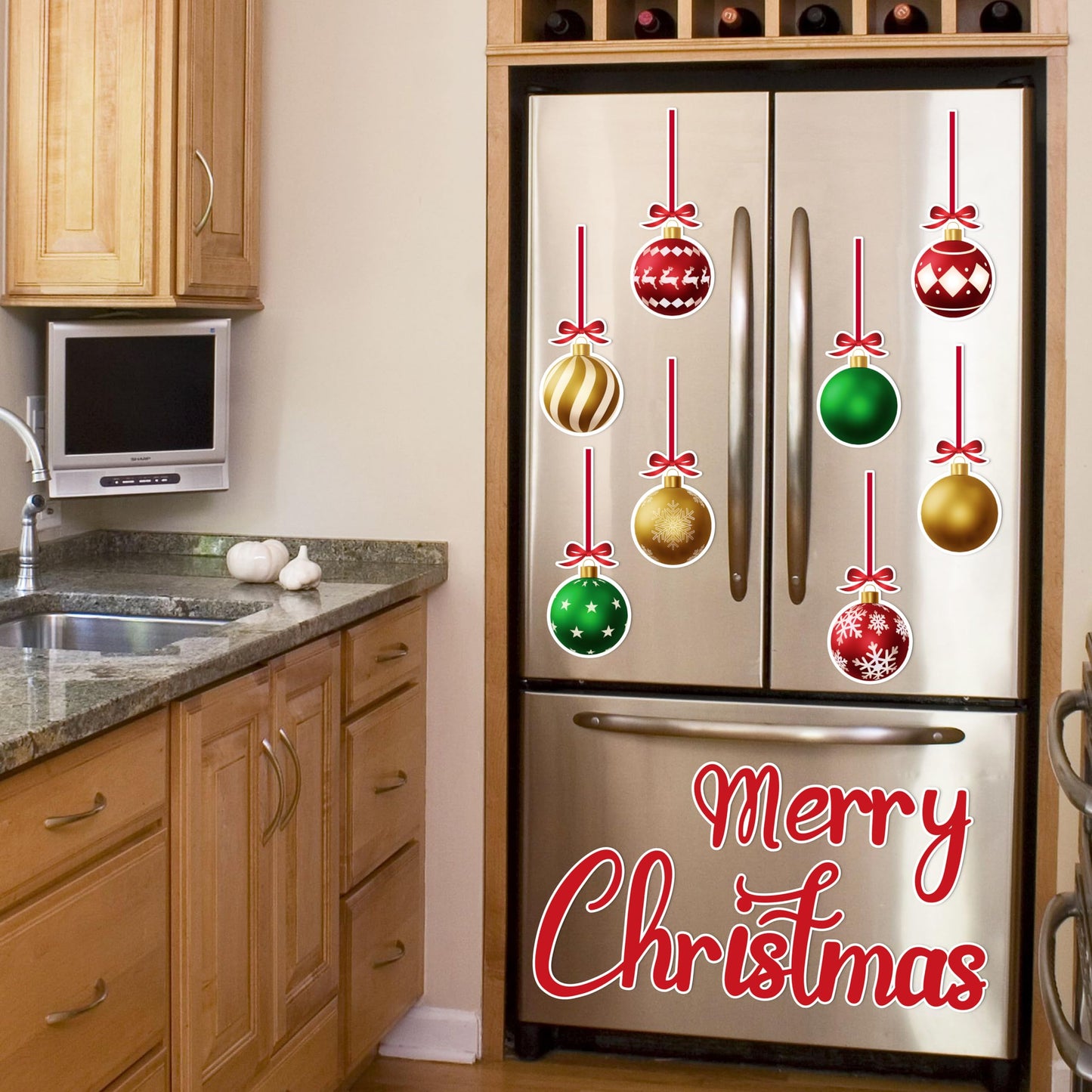 90shine 31PCS Luminous Christmas Garage Door Decorations Magnets - Magnetic Glow-in-The-Dark Merry Xmas Ball Holiday Refrigerator Fridge Cruise Kitchen Decor(Red Green Gold)