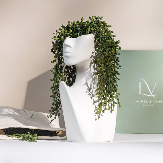 Face Vase with Faux String of Pearls Plant Gift Set, Head Vase Includes 4 Hanging Succulents Draping Greenery Branches for Centerpiece Table Decorations Table Office Shelf Living Room Decor