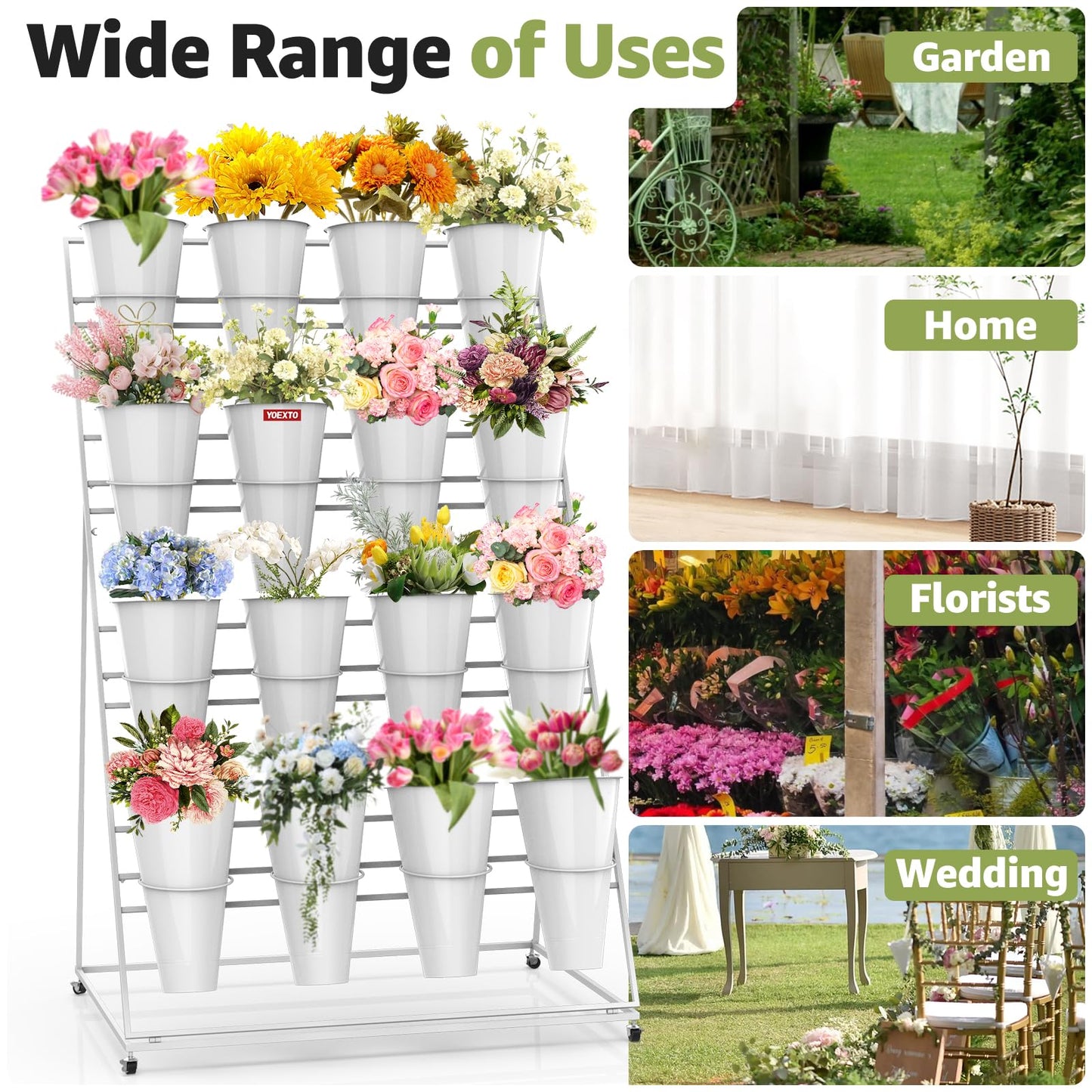 YOEXTO Flower Display Stand 4 Layers with 16 PCS Round Buckets, Plant Stand with Wheels, Movable Metal Plant Stand for Terrace Garden, Florist Shop