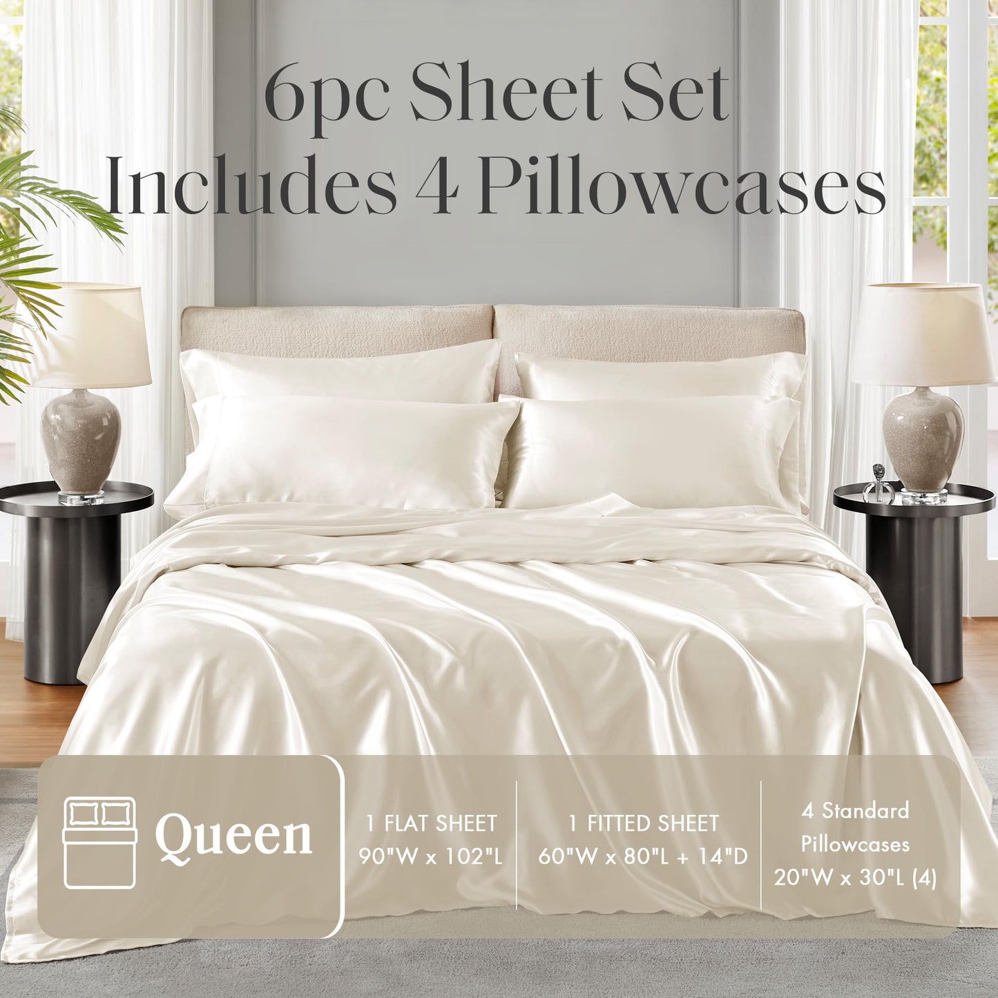 Madison Park Essentials Polyester Satin 6 Piece Sheet Set with Ivory MPE20-904, Queen