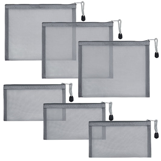 besharppin 6 Pack Mesh Cosmetic Bags, Nylon Makeup Pouches with Zipper for Home Office Purse Diaper Bag (Grey)