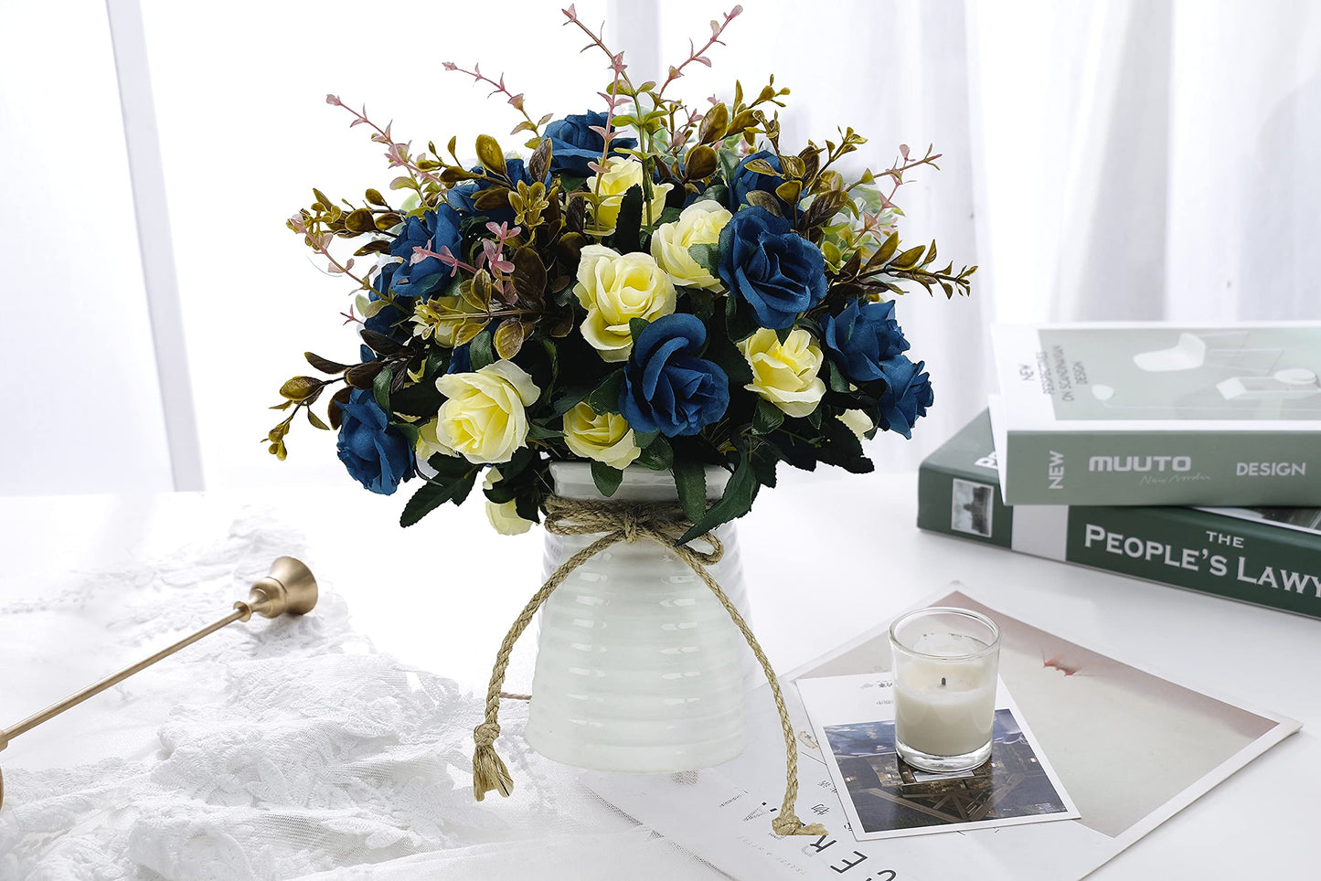 NAWEIDA Artificial Flowers with Vase Faux Flower Arrangements for Table Decor Table Centerpieces for Dining Room-Navy Blue