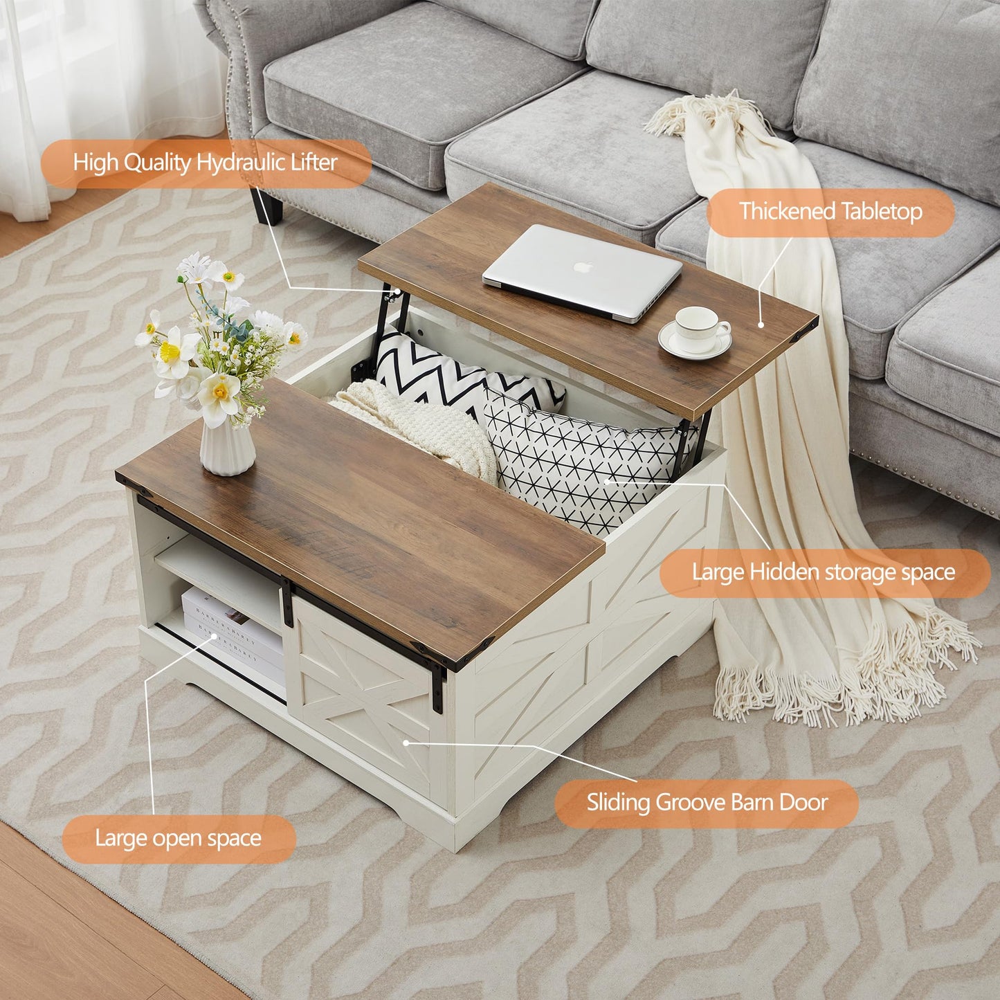 Tltaroni Farmhouse Lift Top Coffee Table，Wood Square Coffee Table with Sliding Barn Door and Adjustable Shelf Rustic Center Table with Hidden Storage Compartment for Living Room