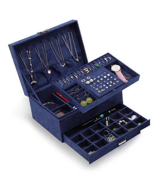 Jewelry Organizer Box for Women Girls, VintageJewelry Box 3-Tier Jewelry Display Case and Organizer,Lockable Jewelry Display Case Anti Tarnish,Varying Compartments for Bracelets, Rings (Blue)