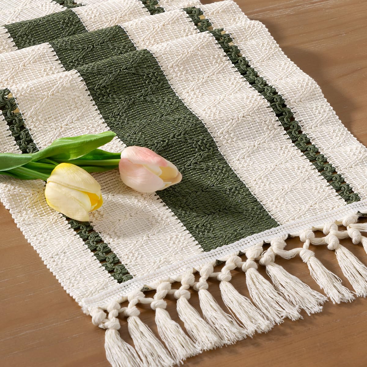 Socomi Boho Table Runner Summer Farmhouse Rustic Dining Kitchen Centerpiece Decor Small Macrame Woven Cotton Linen Coffee Table Runner for Dresser Scarf Home Decor 12x48 inch