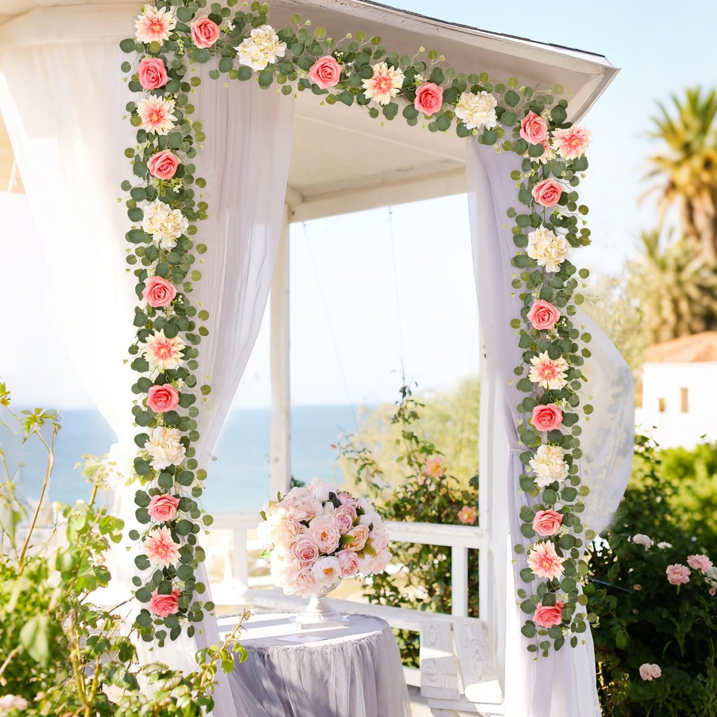 Yastouay 6 Ft Flower Garland with Lights, Pink Rose Floral Garland Fake Flowers for Wedding Arch Party Tables Backdrop Decor